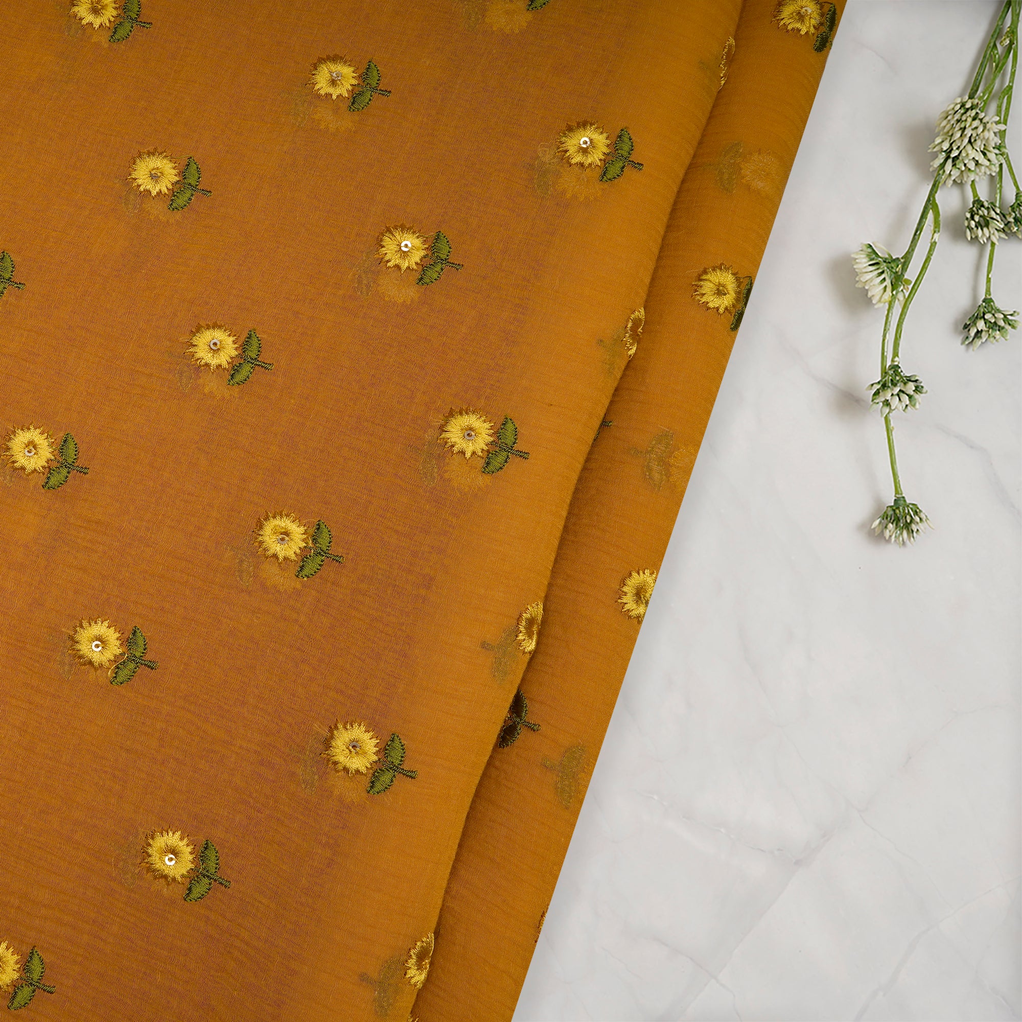 Mustard Booti Pattern Thread Embroidered Chanderi Fabric