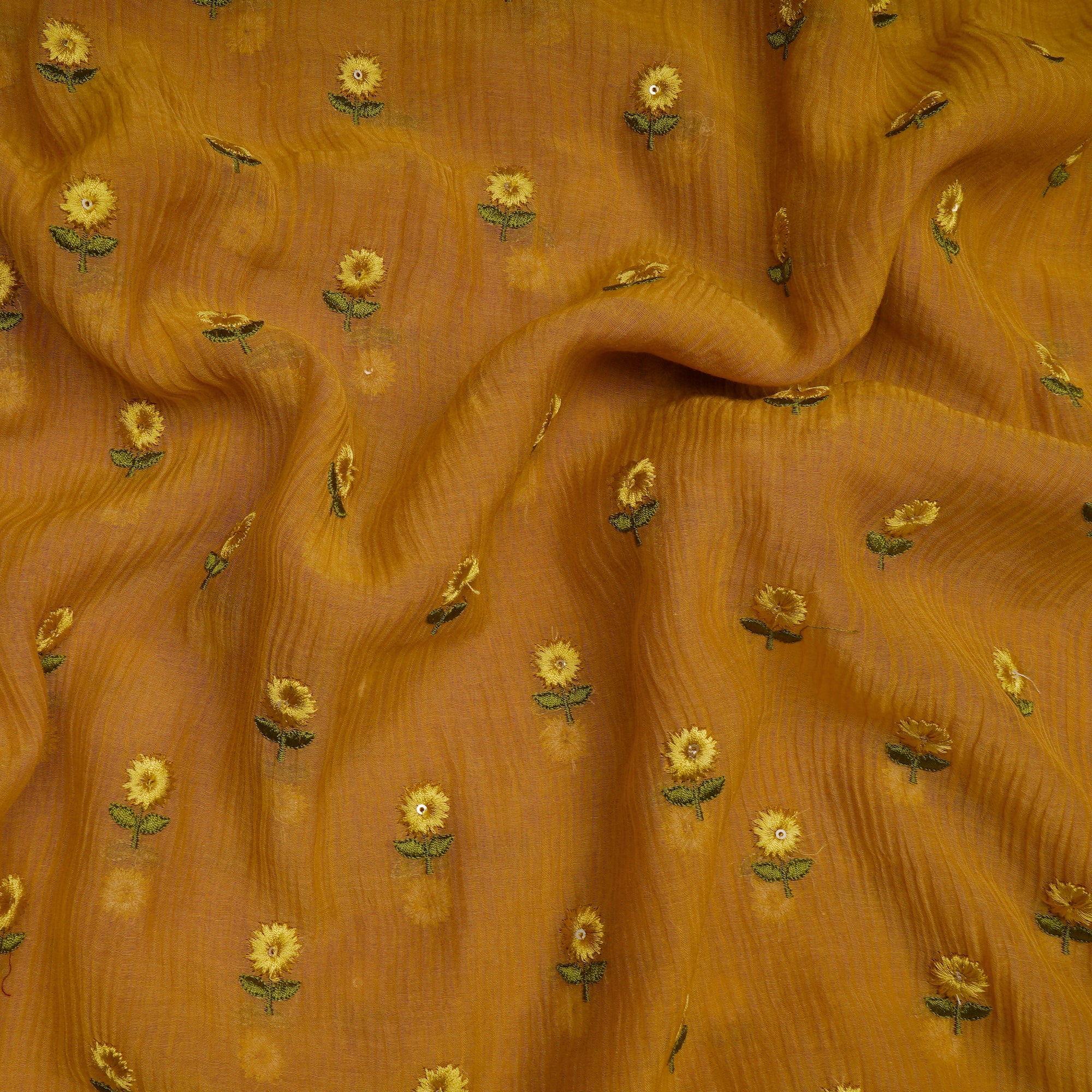 Mustard Booti Pattern Thread Embroidered Chanderi Fabric