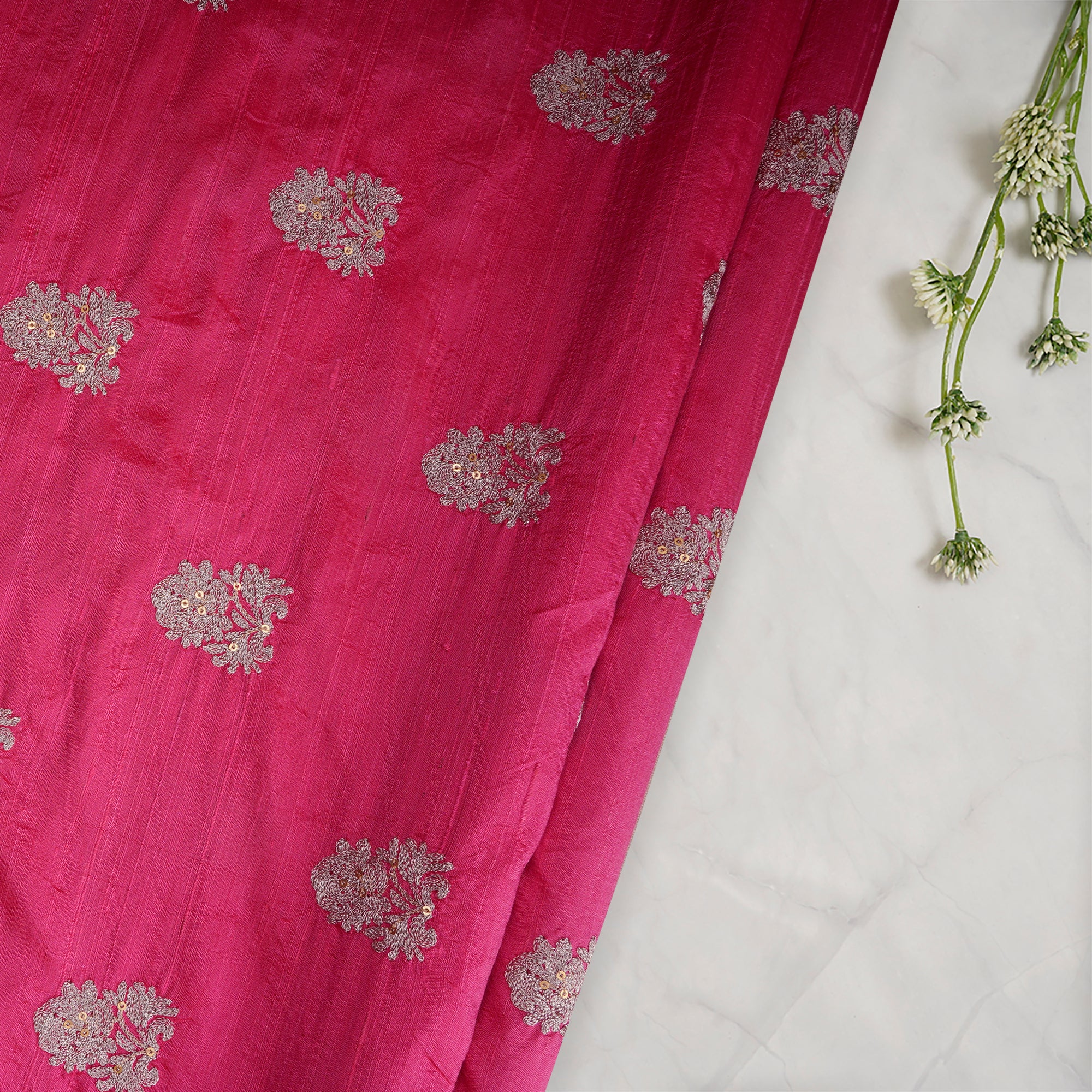 Pink Color Embroidered Dupion Silk Fabric