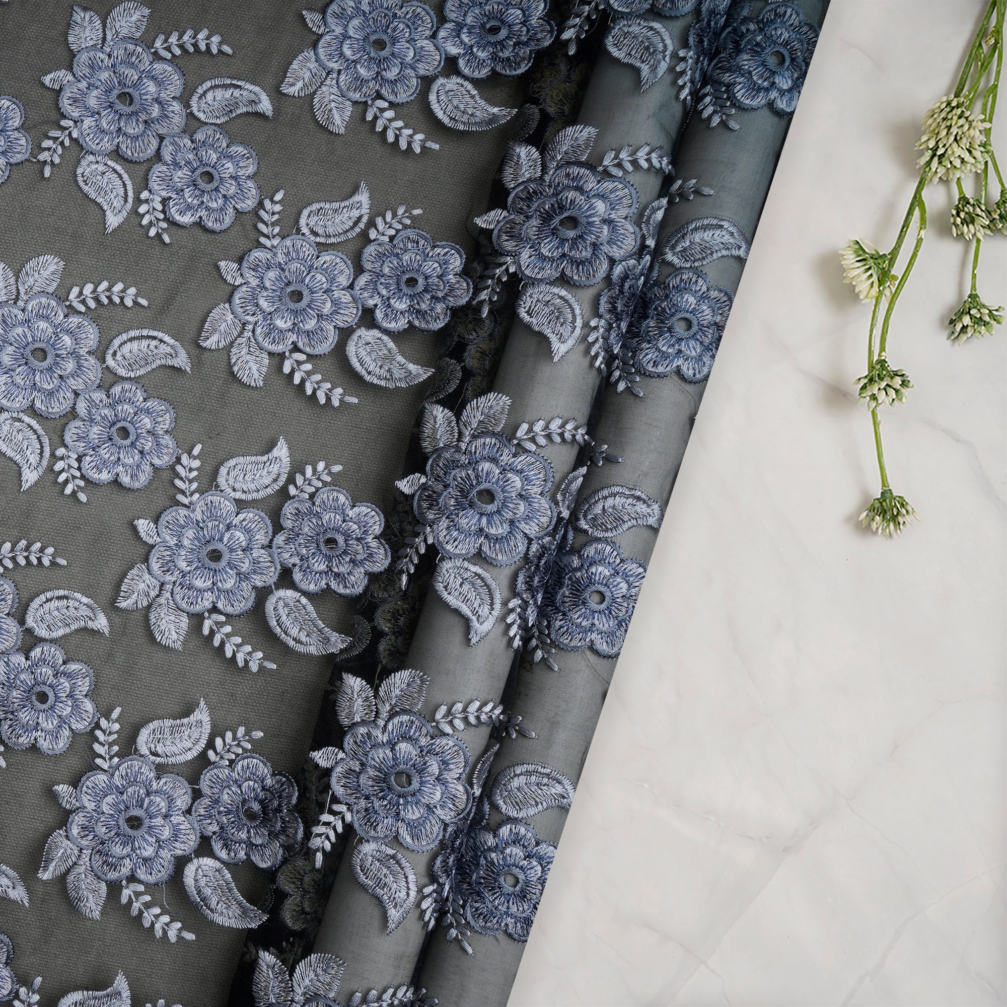 Black-Grey Color Embroidered Silk Fabric