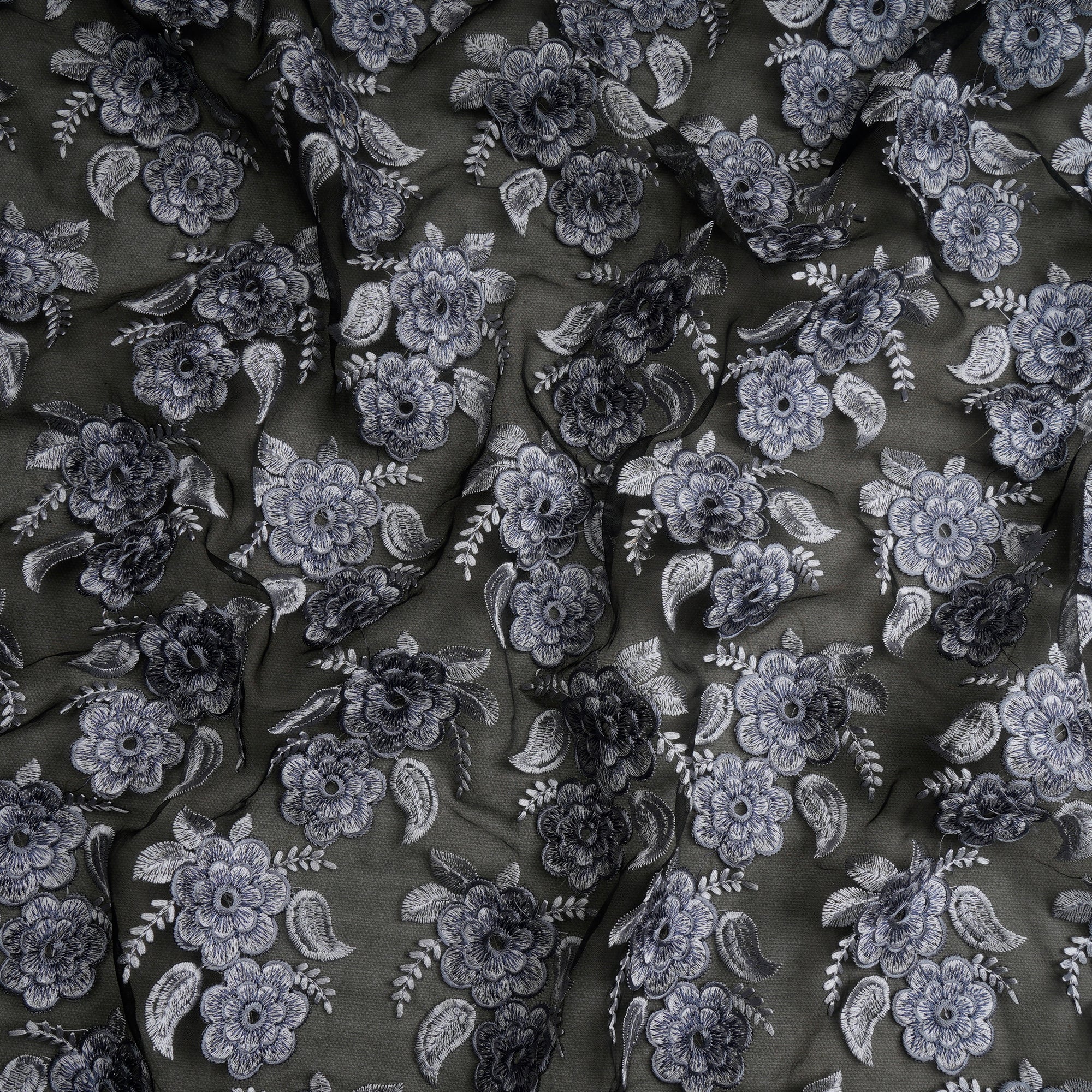Black-Grey Color Embroidered Silk Fabric