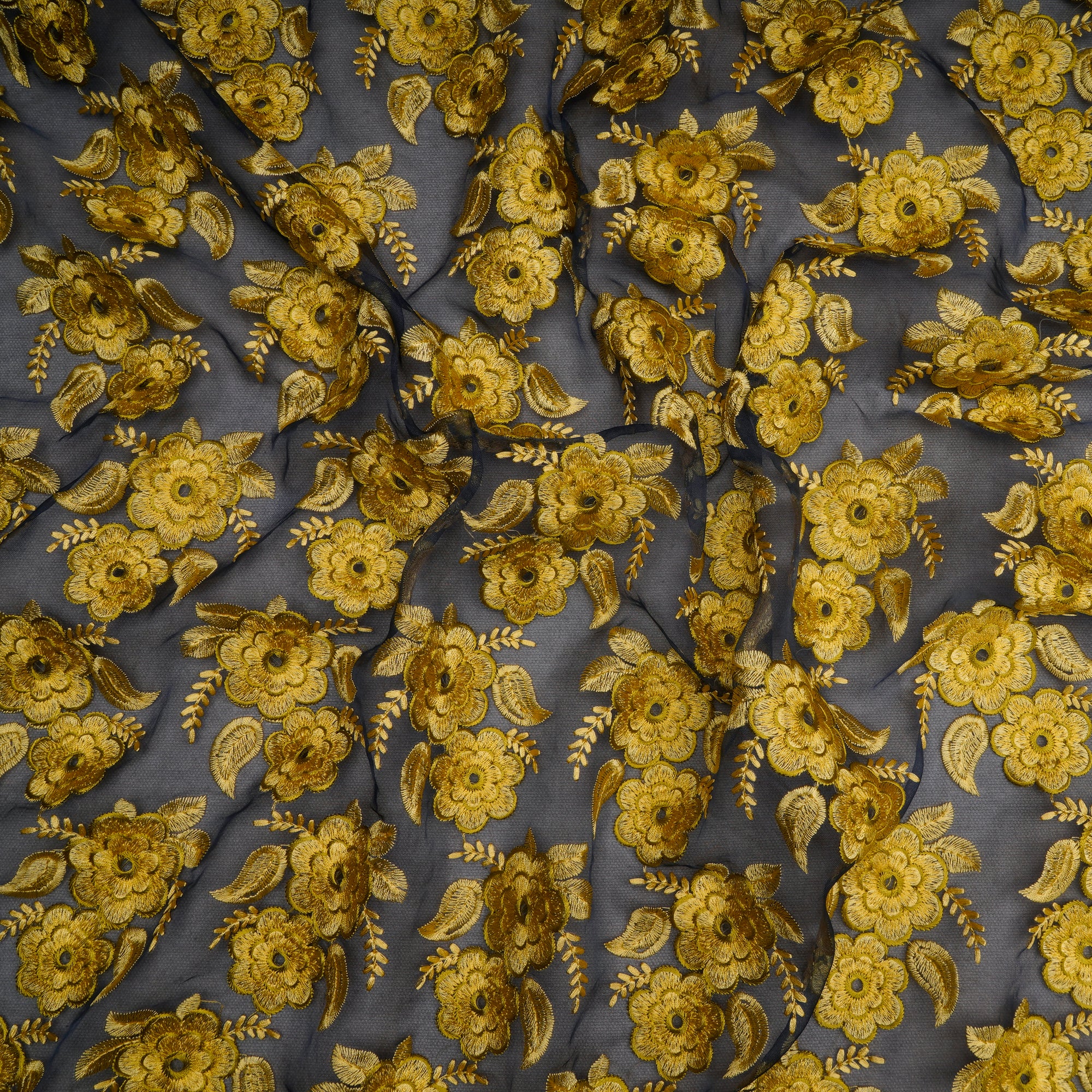 Blue-Yellow Color Embroidered Silk Fabric