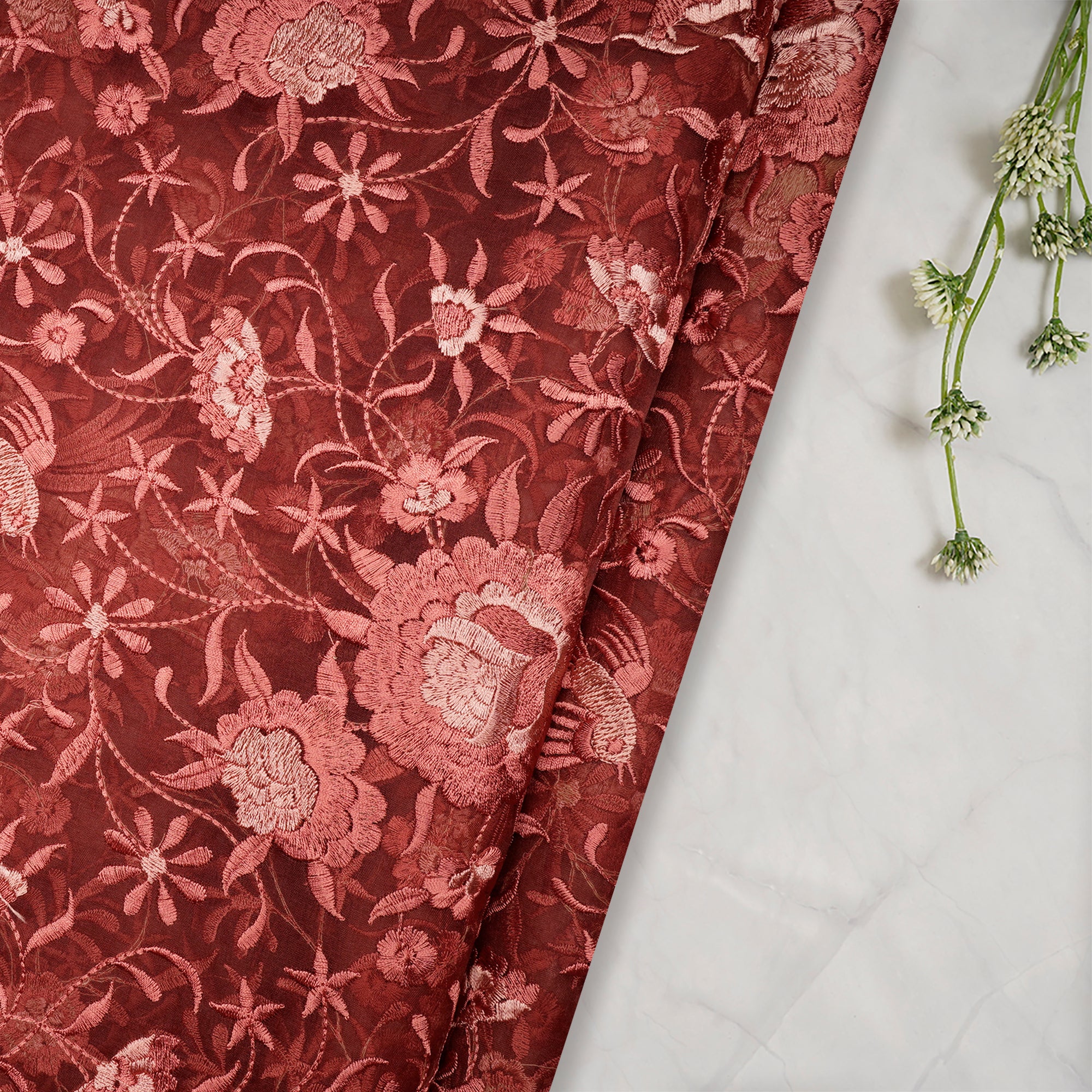 Arabesque Floral Pattern Thread Embroidered Organza Silk Fabric