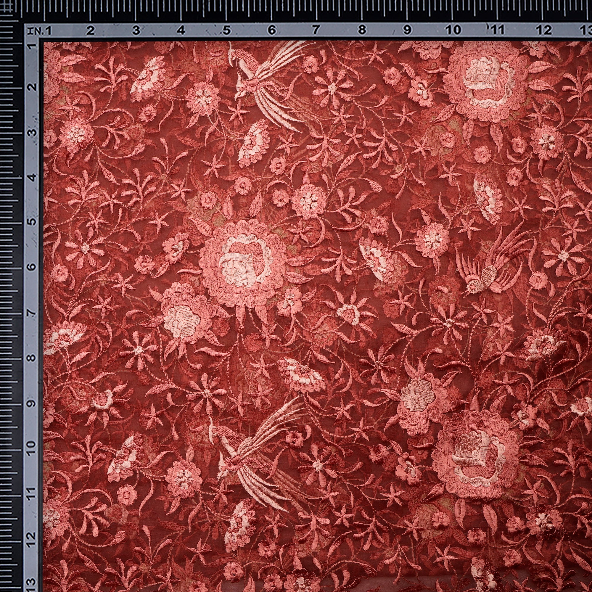 Arabesque Floral Pattern Thread Embroidered Organza Silk Fabric