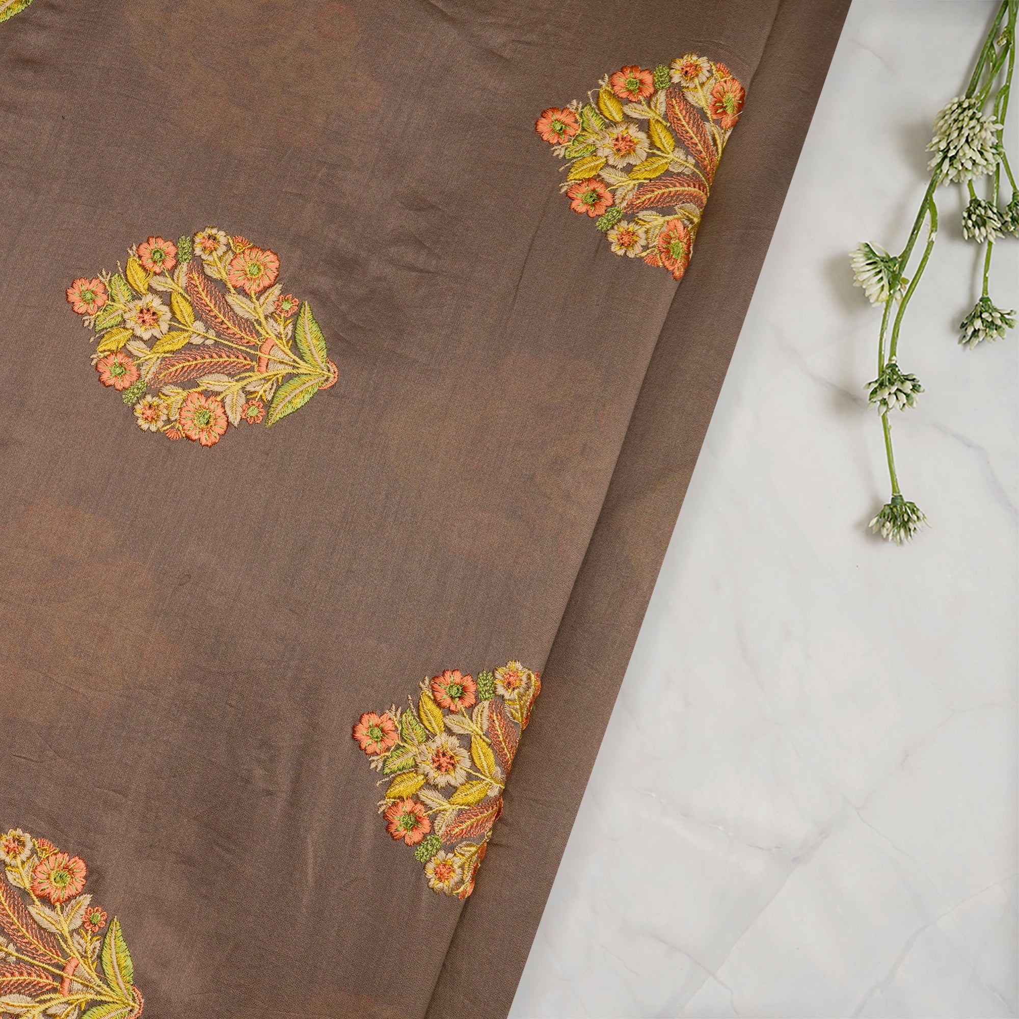 Coca Mocha Motif Pattern Thread Embroidered Chanderi Fabric