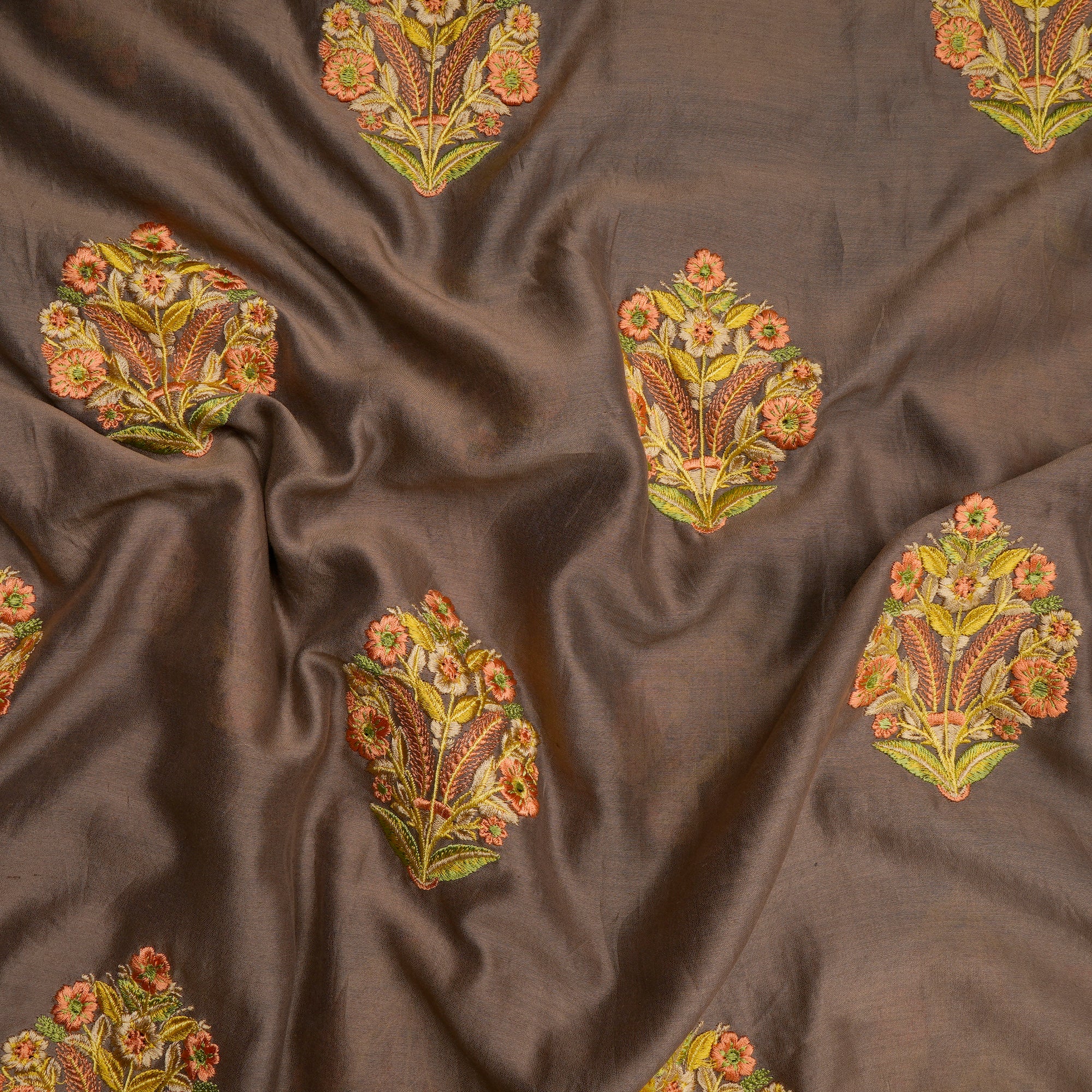 Coca Mocha Motif Pattern Thread Embroidered Chanderi Fabric