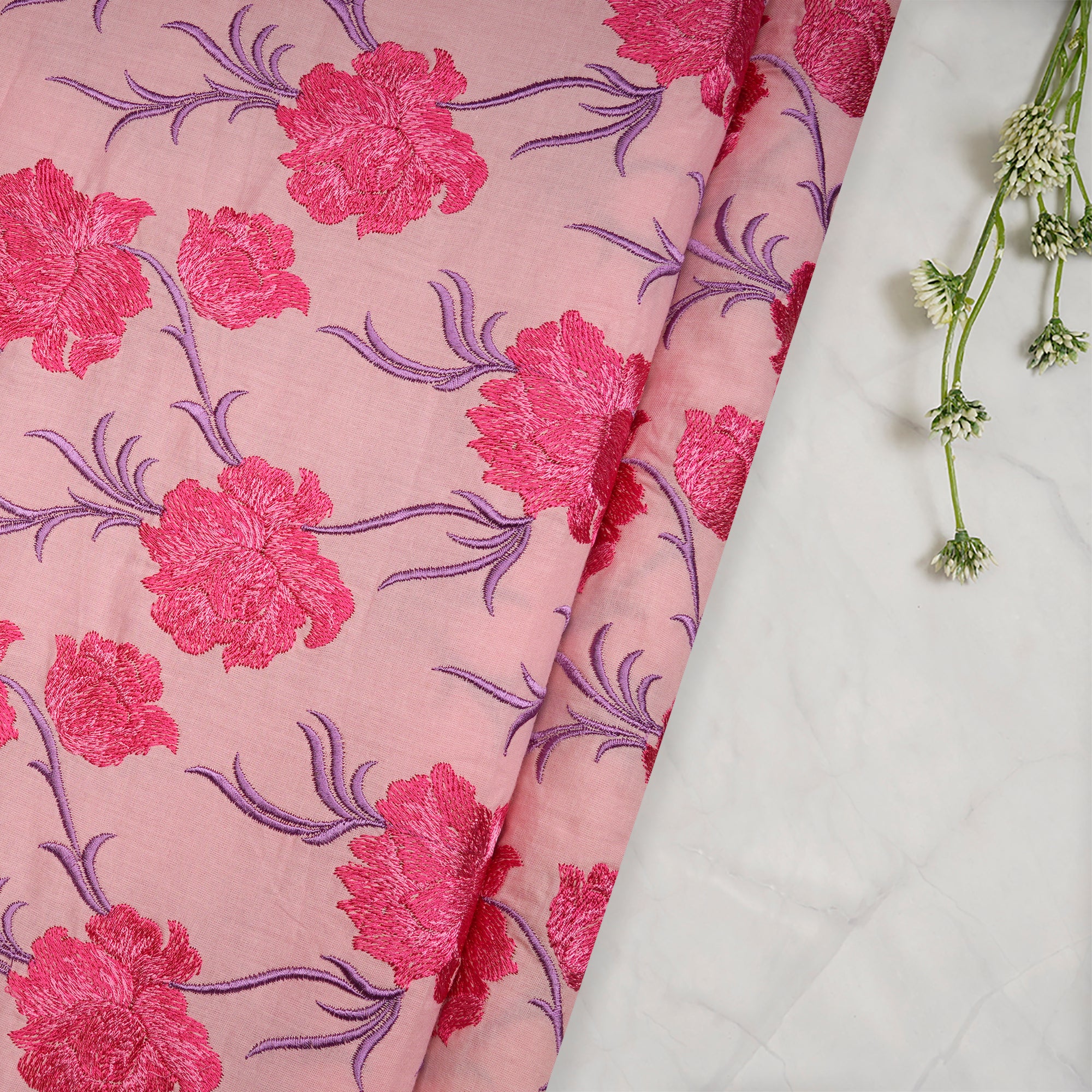 Baby Pink Floral Pattern Thread Embroidered Cotton Fabric