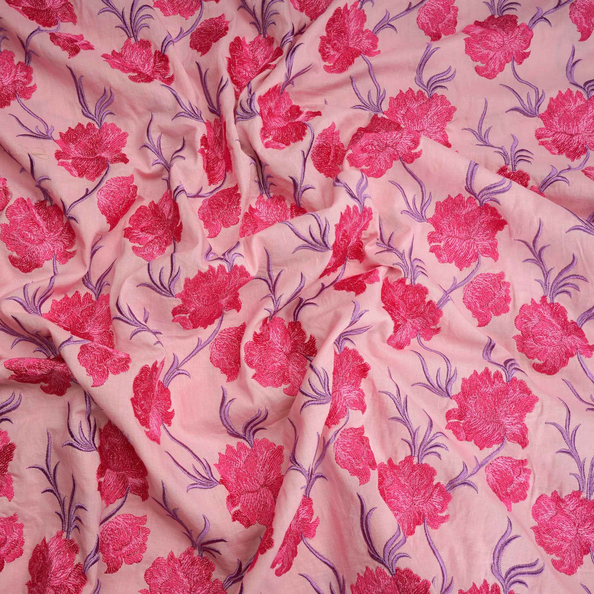 Baby Pink Floral Pattern Thread Embroidered Cotton Fabric