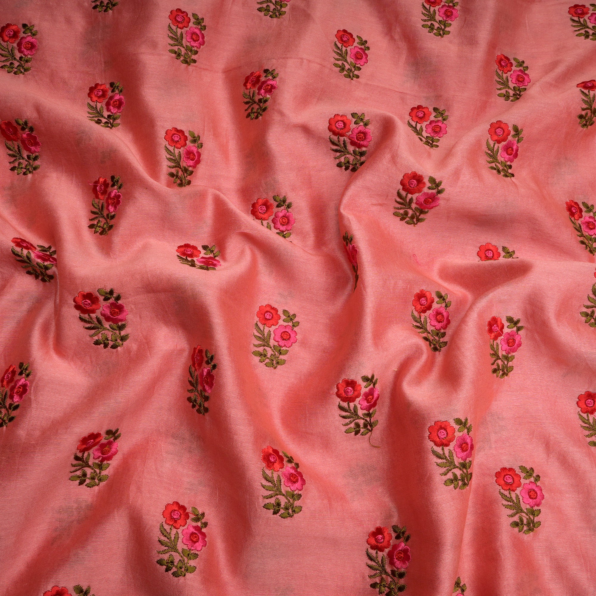 Peach Color Embroidered Fine Chanderi Fabric