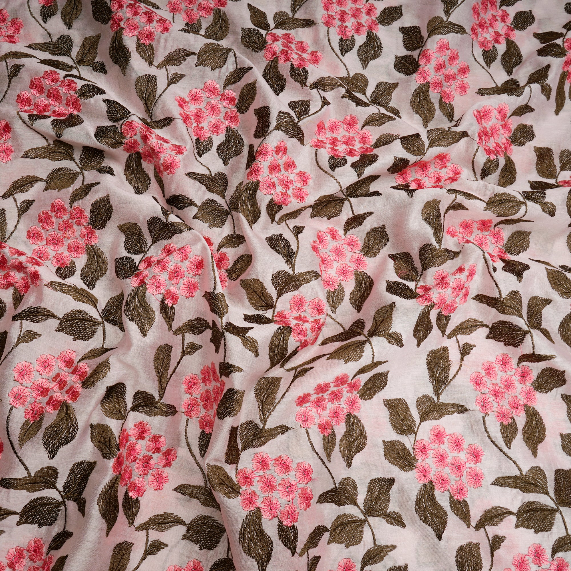 Baby Pink Floral Pattern Thread Embroidered Chanderi Fabric