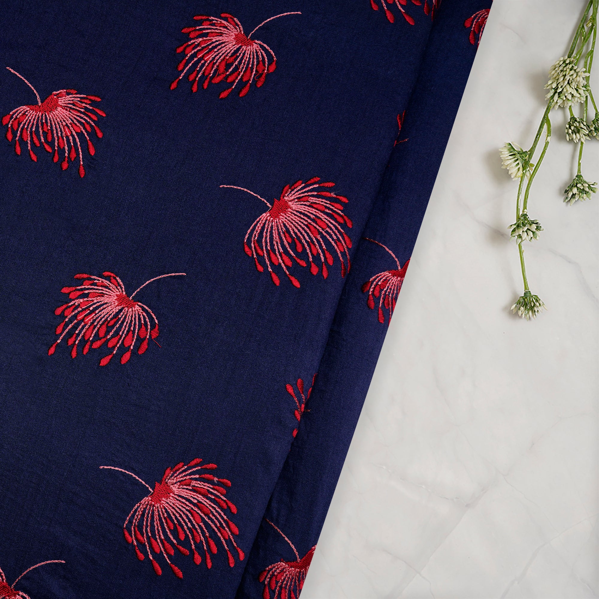 Deep Blue Motif Pattern Thread Embroidered Muga Silk Fabric