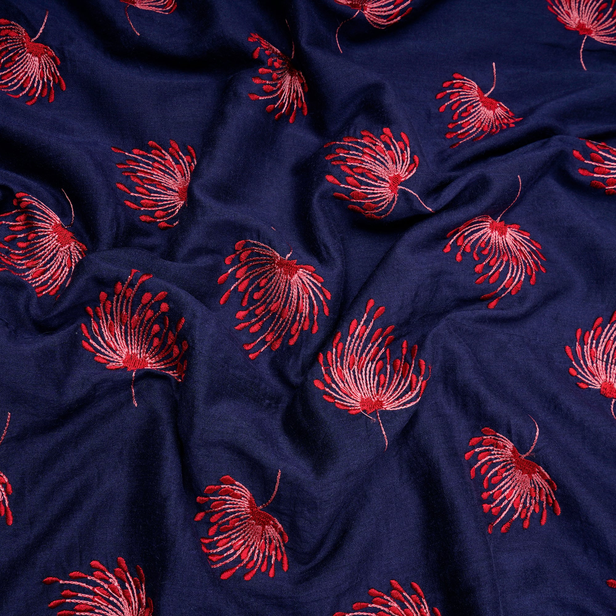 Deep Blue Motif Pattern Thread Embroidered Muga Silk Fabric