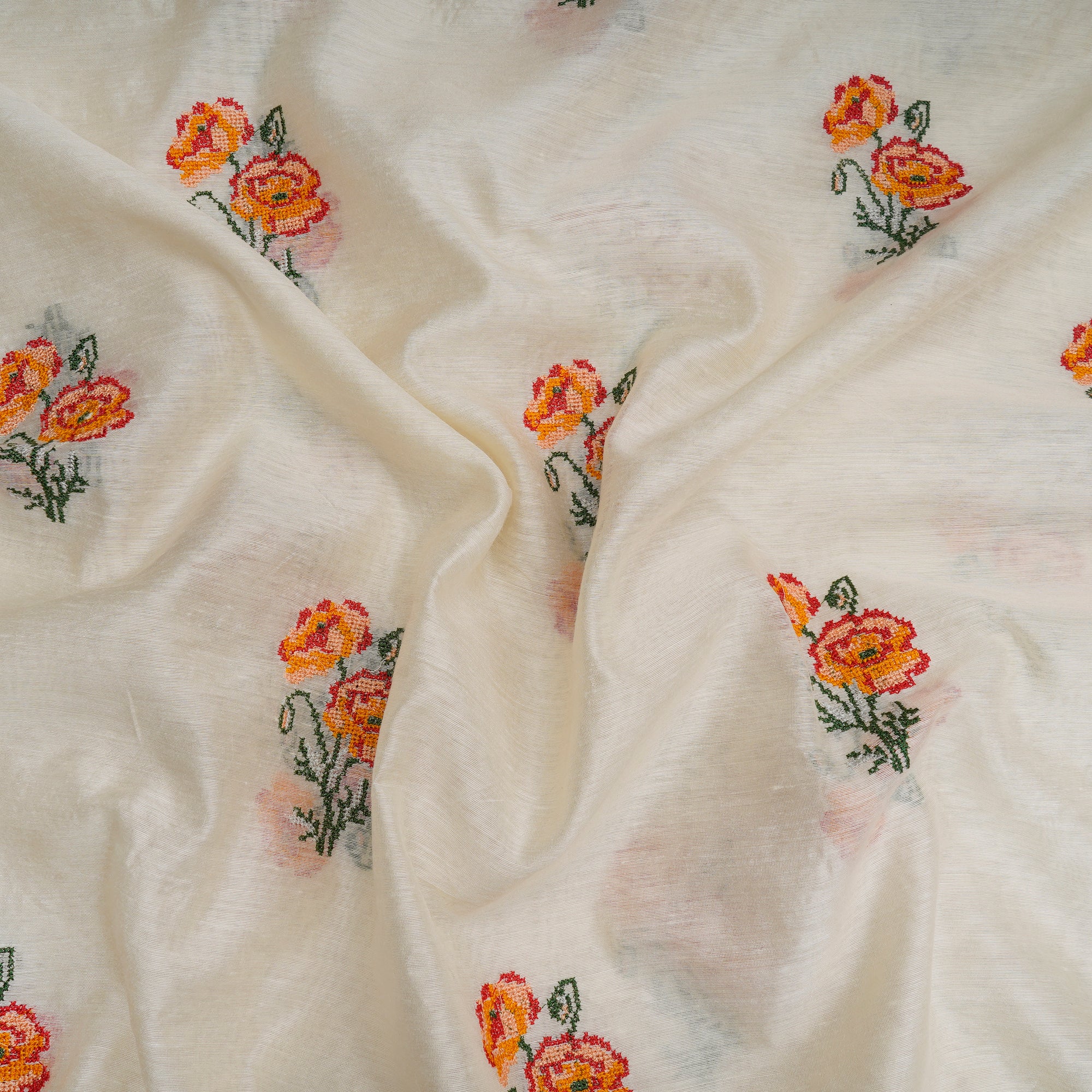 Off-White Motif Pattern Thread Embroidered Muga Silk Fabric