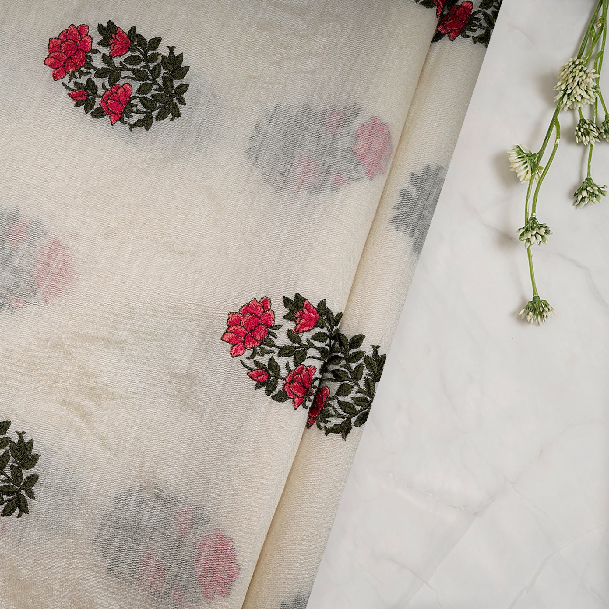 Off-White Motif Pattern Thread Embroidered Muga Silk Fabric