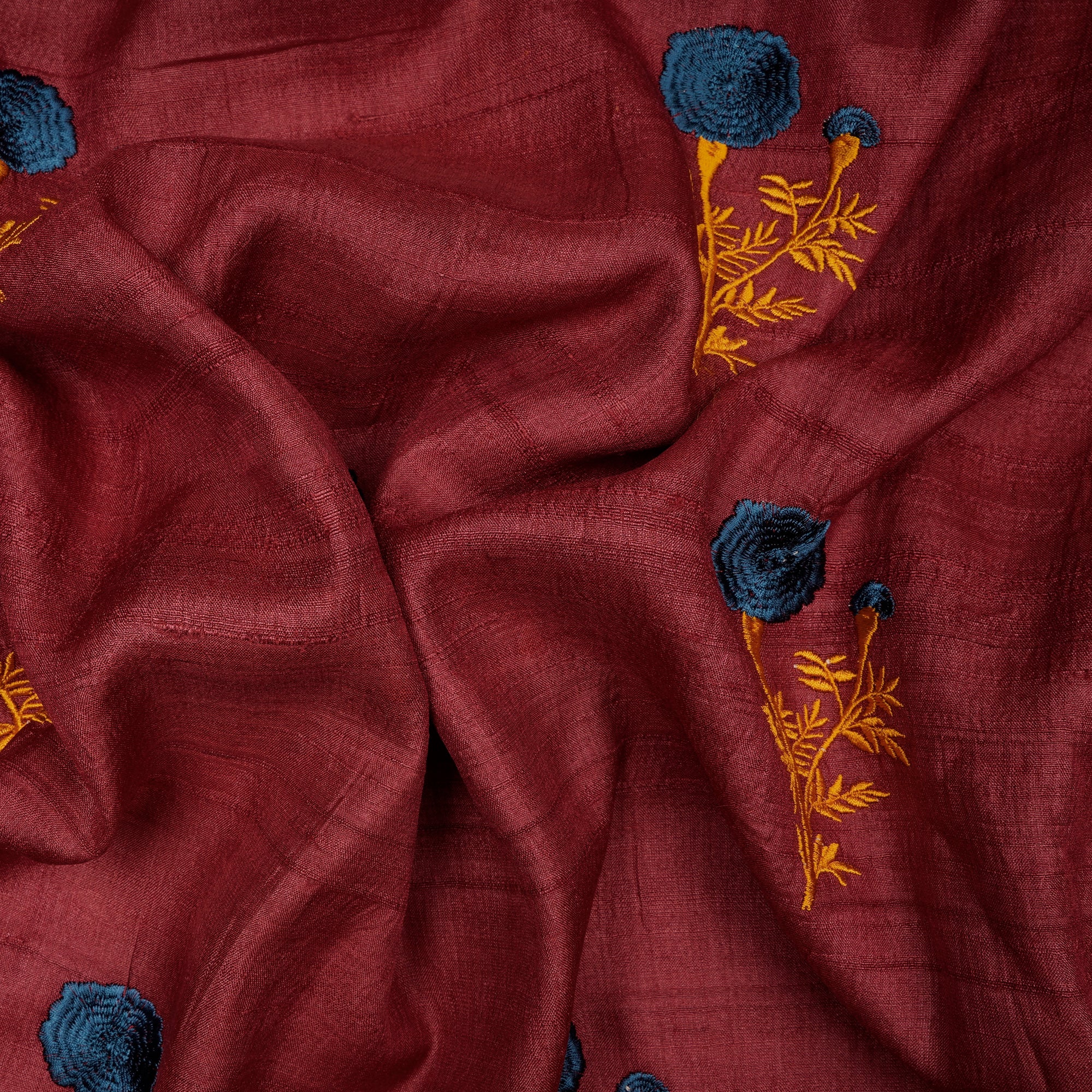 Maroon-Yellow Motif Pattern Thread Embroidered Tusser Silk Fabric