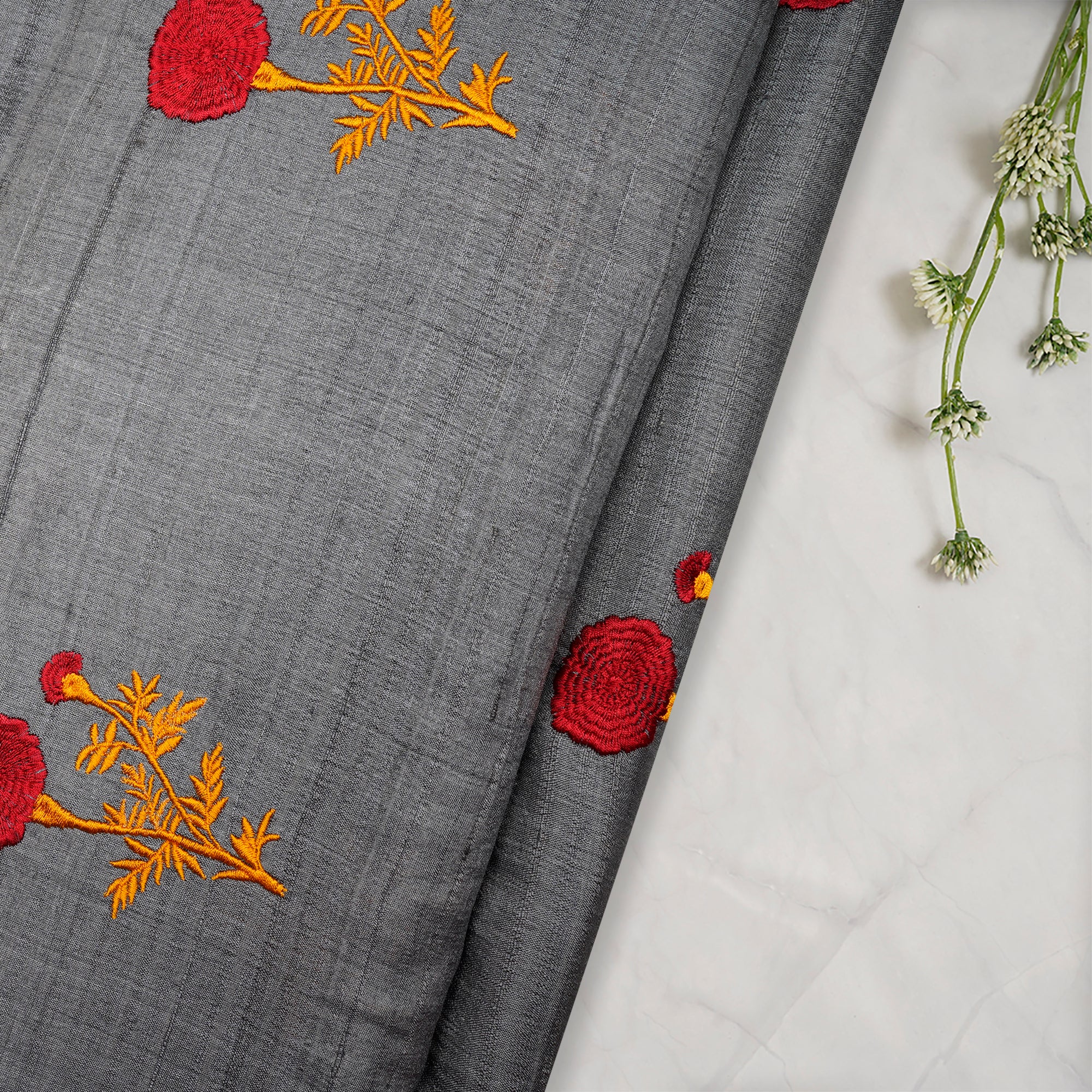 Grey-Yellow Motif Pattern Thread Embroidered Tusser Silk Fabric