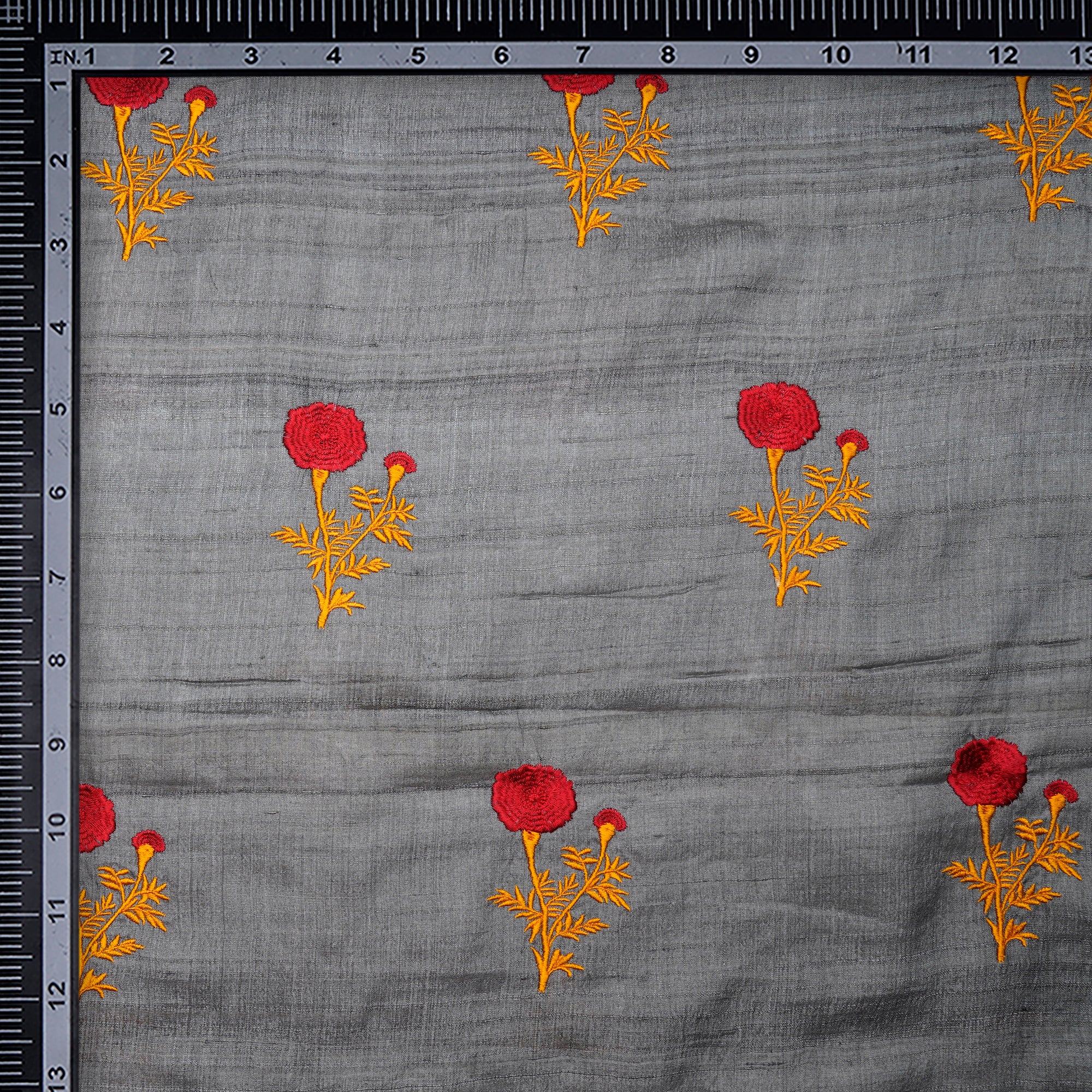 Grey-Yellow Motif Pattern Thread Embroidered Tusser Silk Fabric
