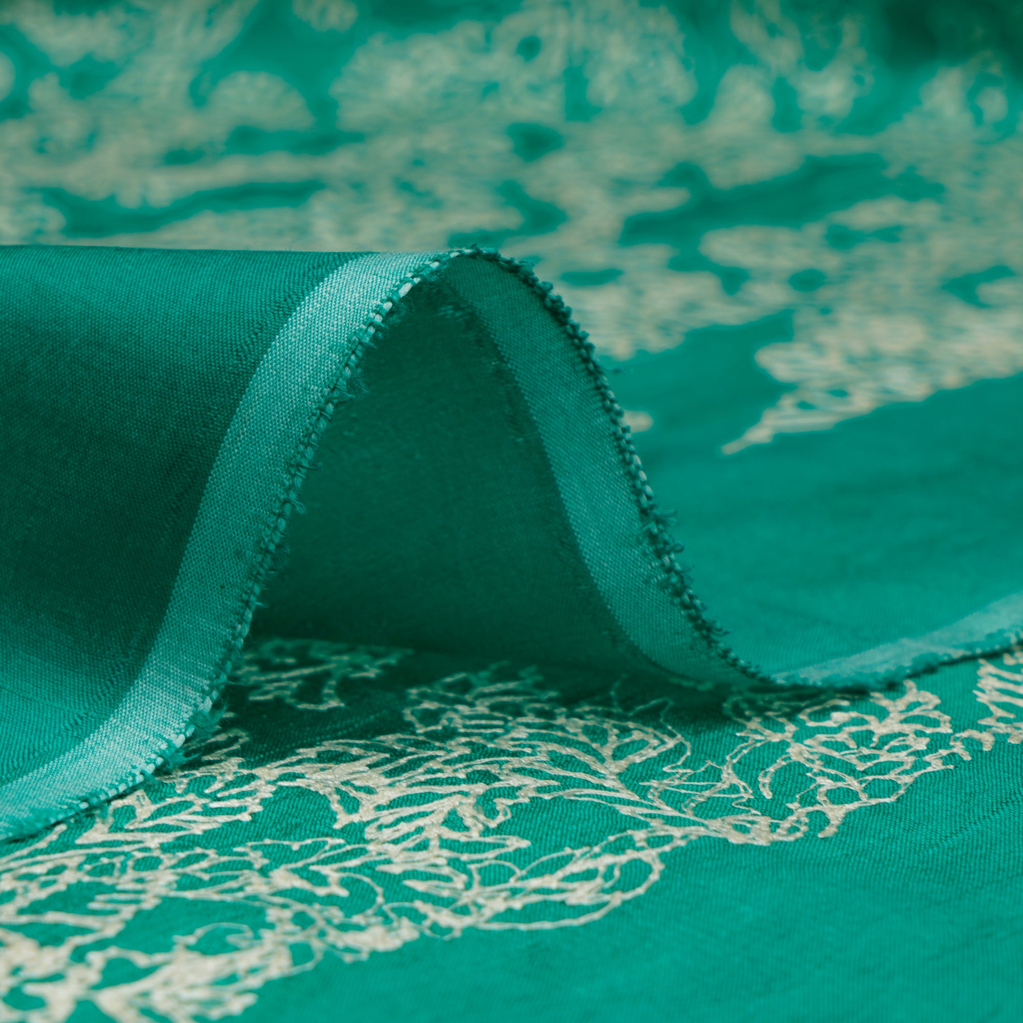 Jade Green-White Color Embroidered Muga Silk Fabric