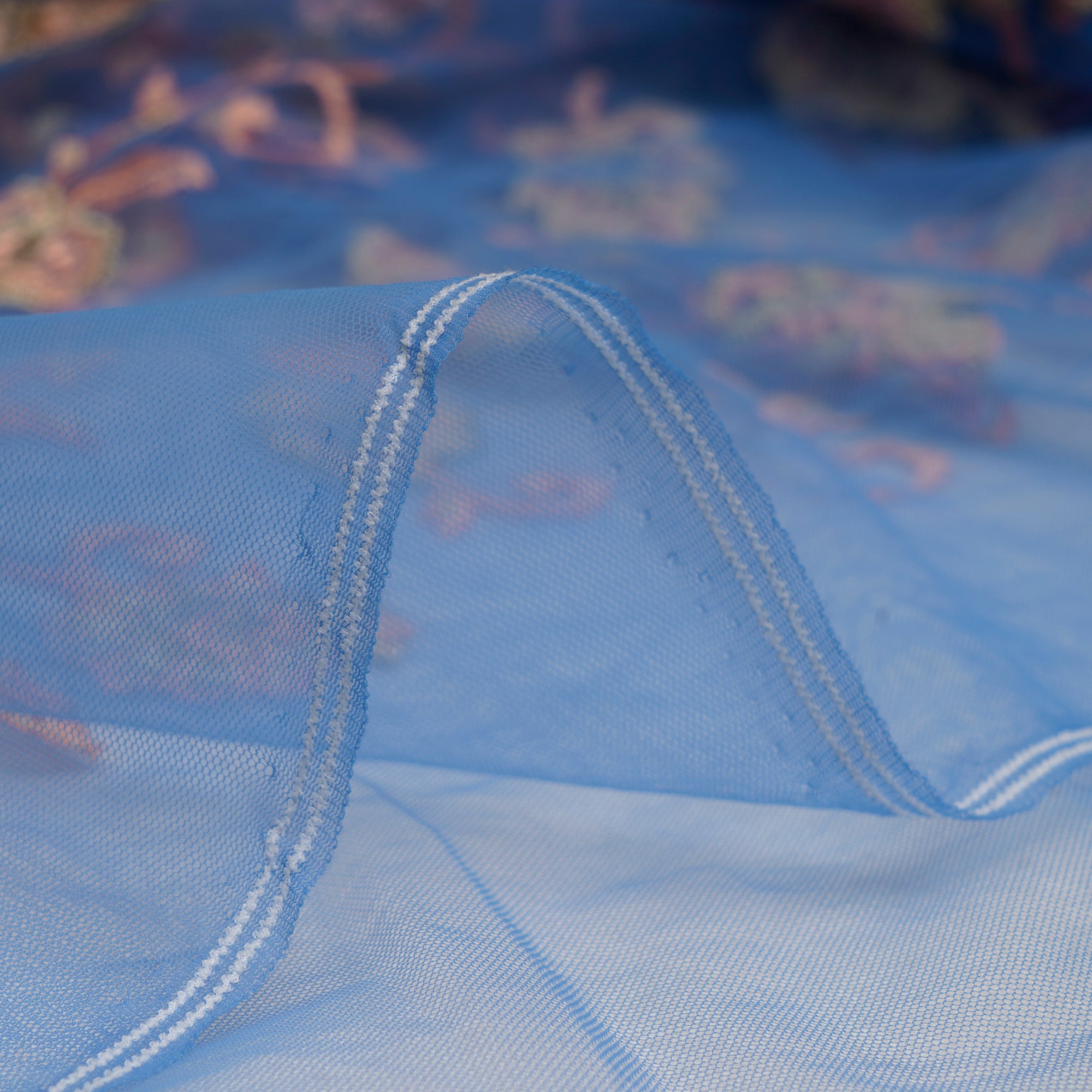 Blue Color Embroidered Nylon Net Fabric