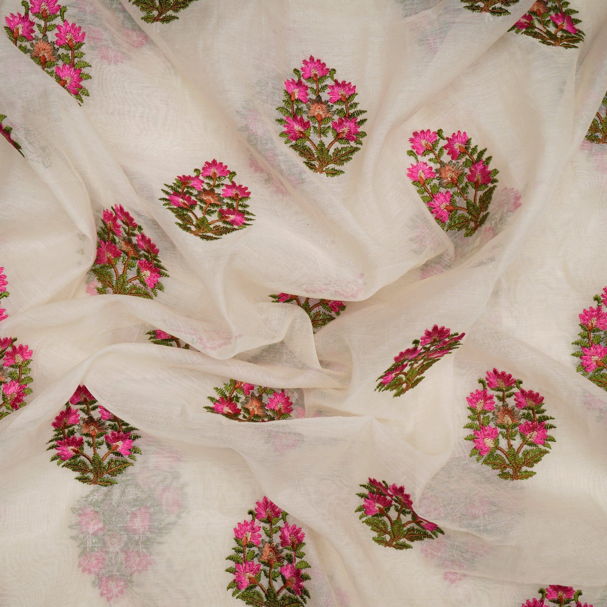 Off-White-Pink Motif Pattern Thread Embroidered Chanderi Fabric