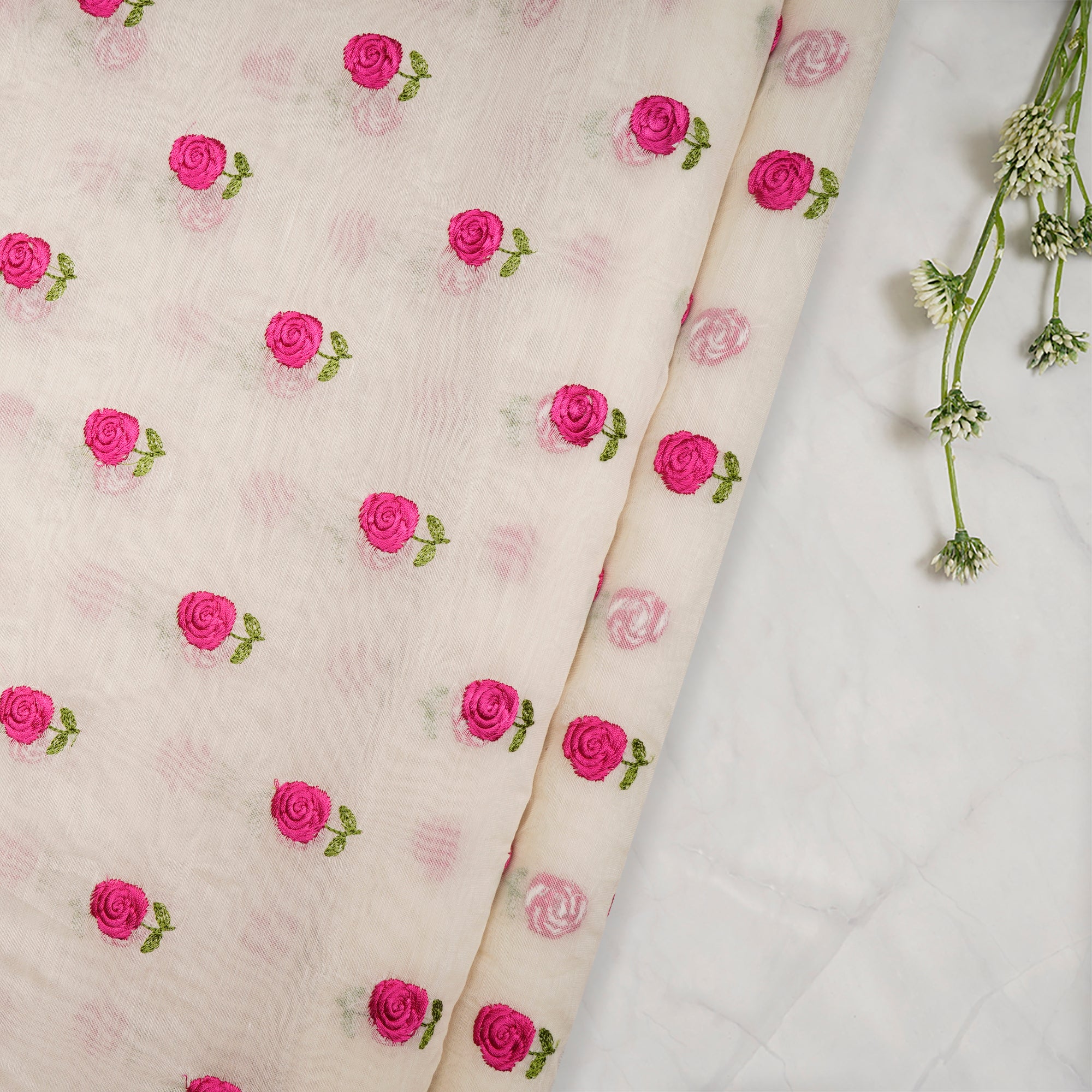 Off-White-Pink Booti Pattern Thread Embroidered Chanderi Fabric