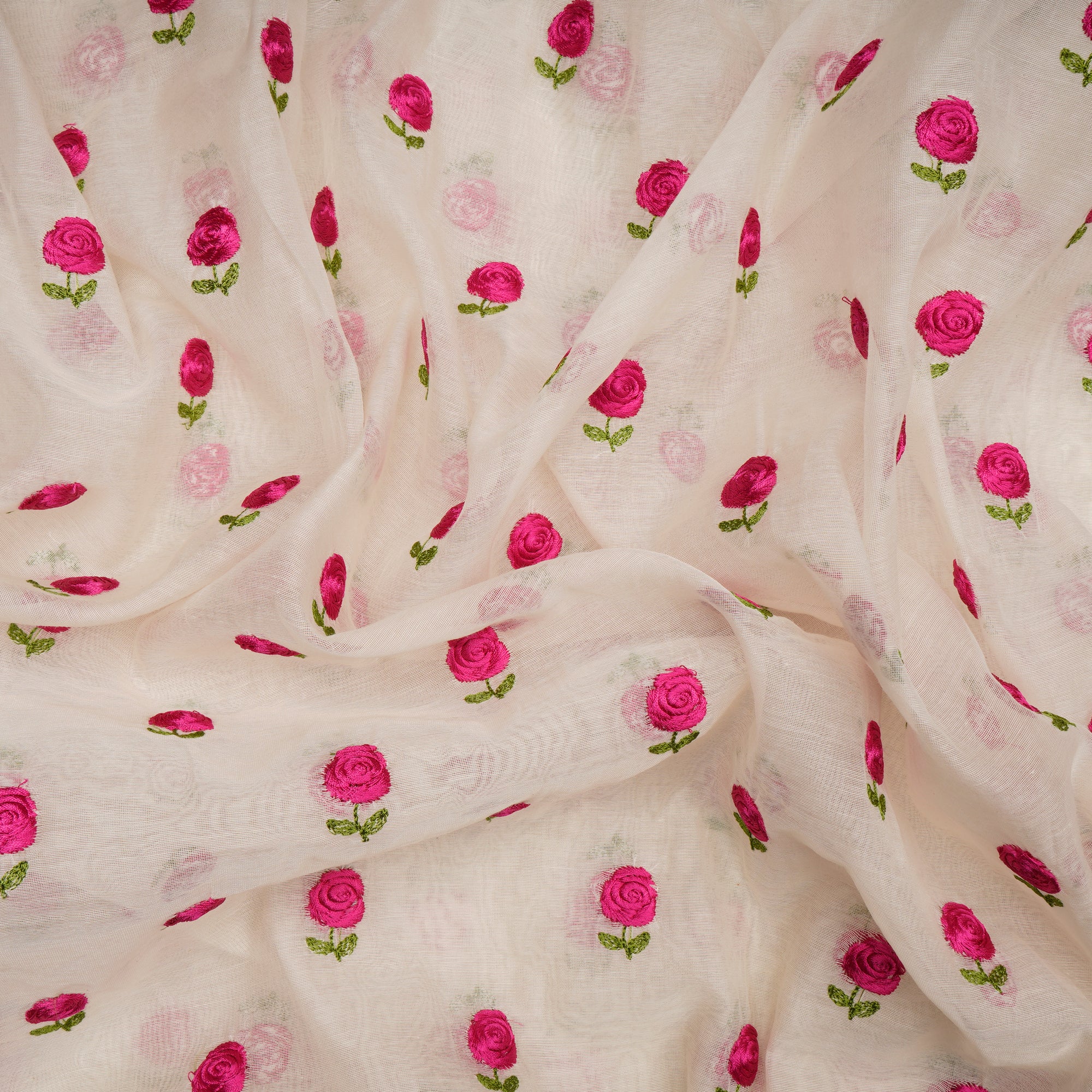 Off-White-Pink Booti Pattern Thread Embroidered Chanderi Fabric