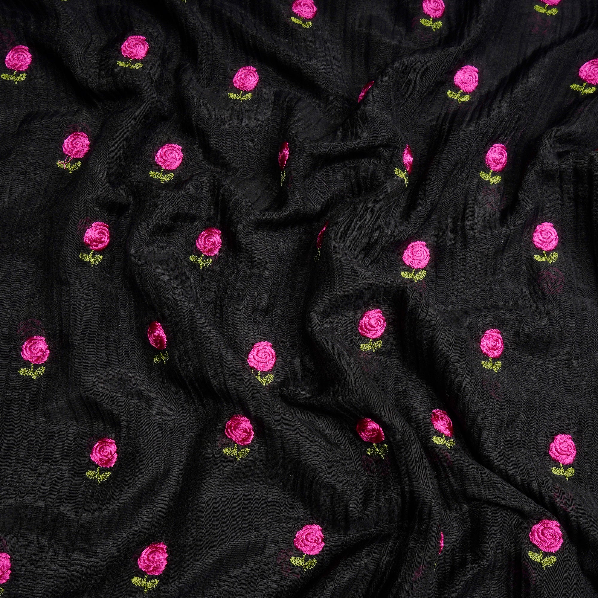 Black Dyed Motif Pattern Thraed Embroidered Chanderi Fabric
