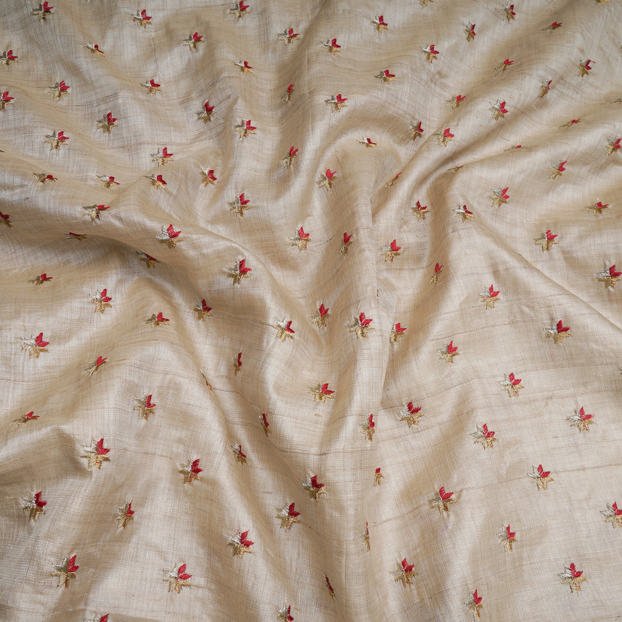 Cream Booti Patter Thread Embroidered Tusser Silk Fabric