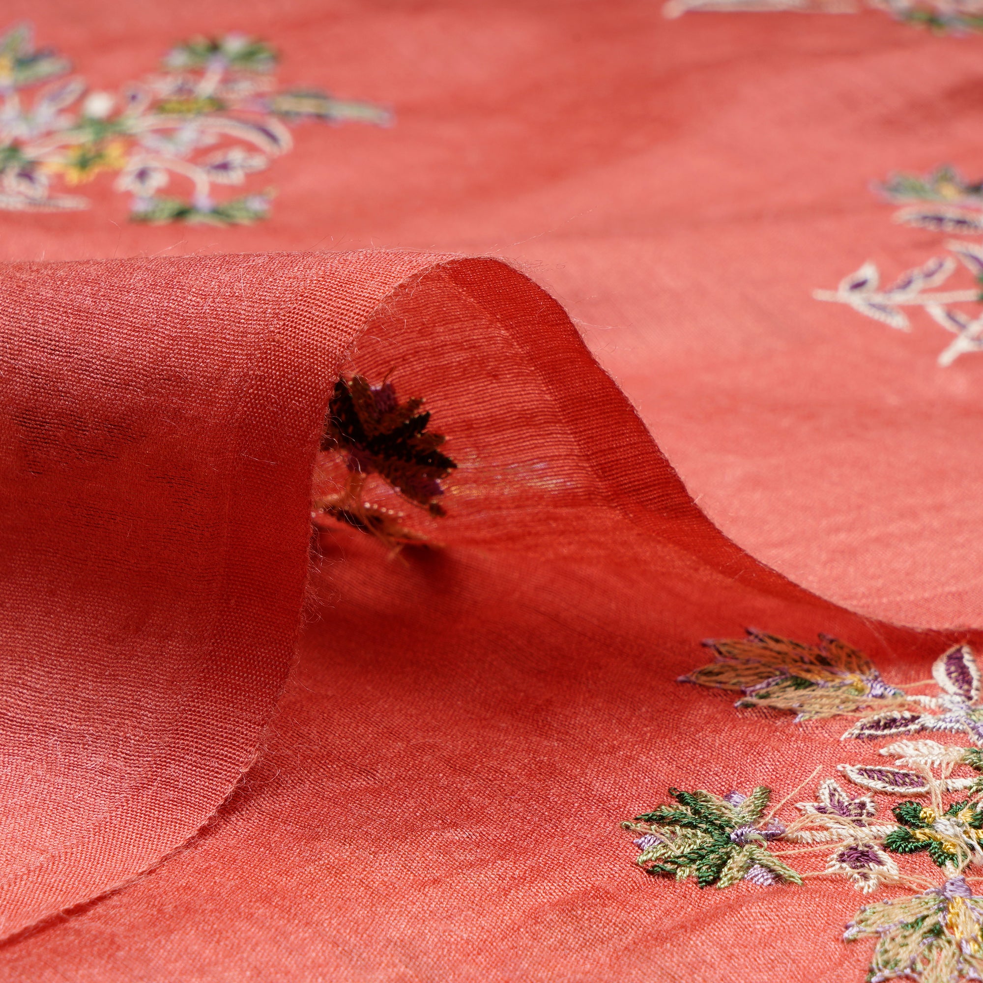 Spiced coral Motif Pattern Thread Embroidered Muga Silk Fabric