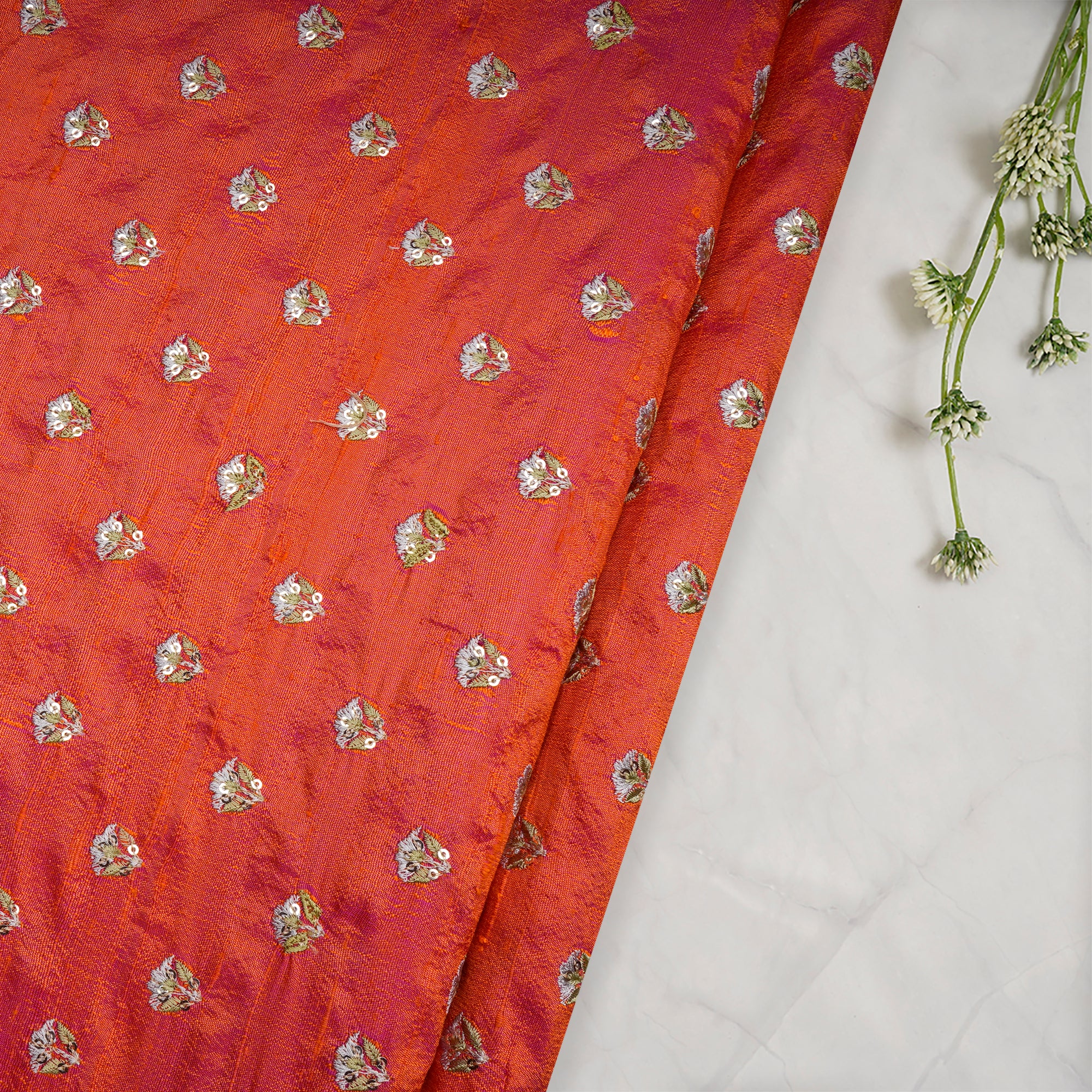 Orange-Pink Booti Pattern Thread & Sequin Embroidered Jari Raw Silk Fabric