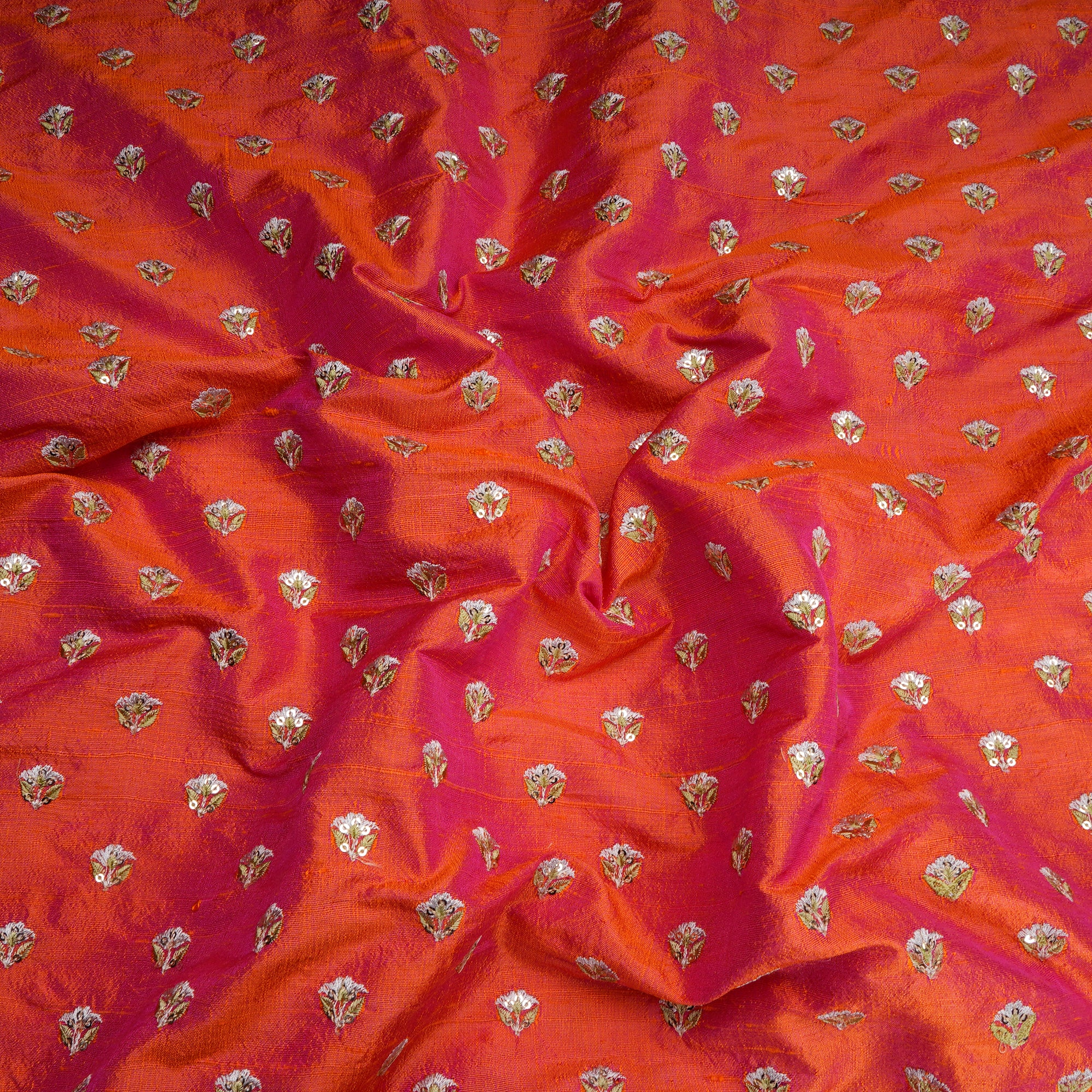 Orange-Pink Booti Pattern Thread & Sequin Embroidered Jari Raw Silk Fabric