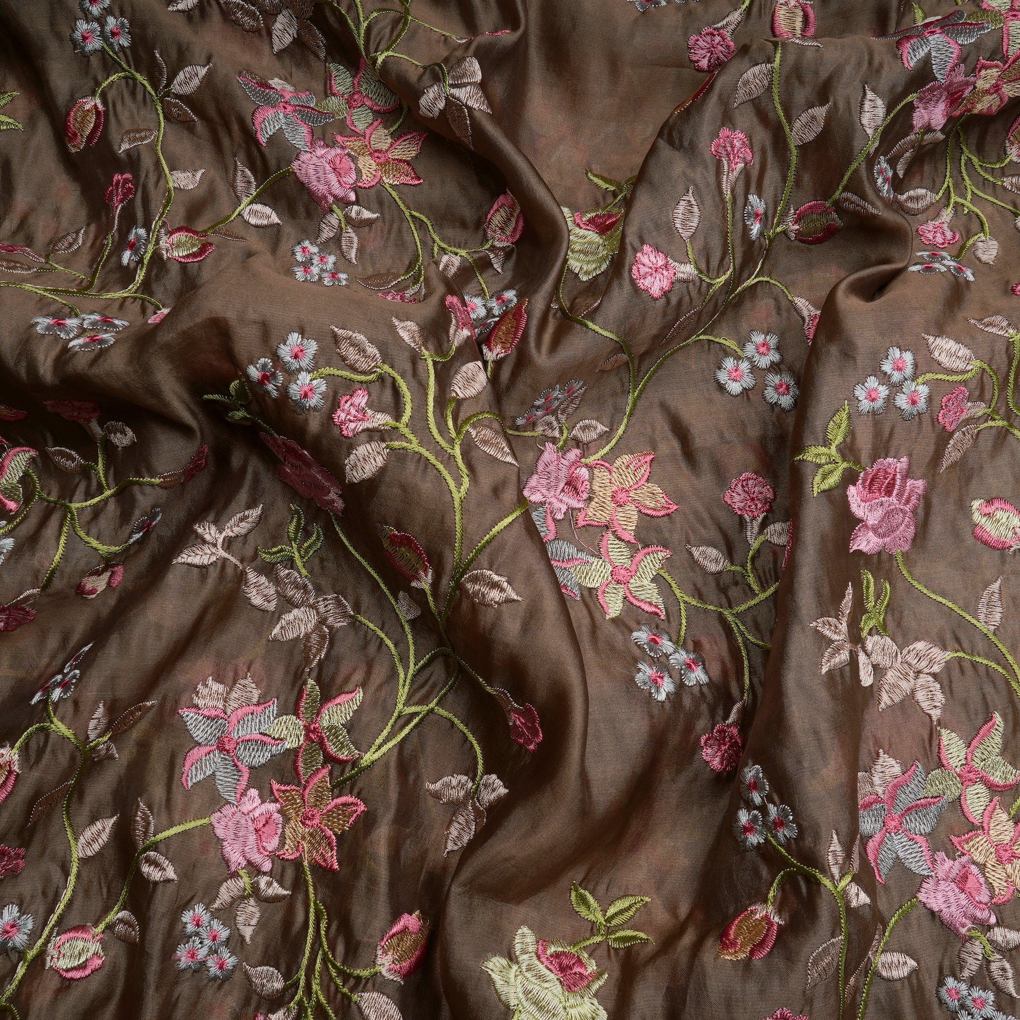 Caribou Floral Pattern Thread Embroidered Plain Silk Fabric