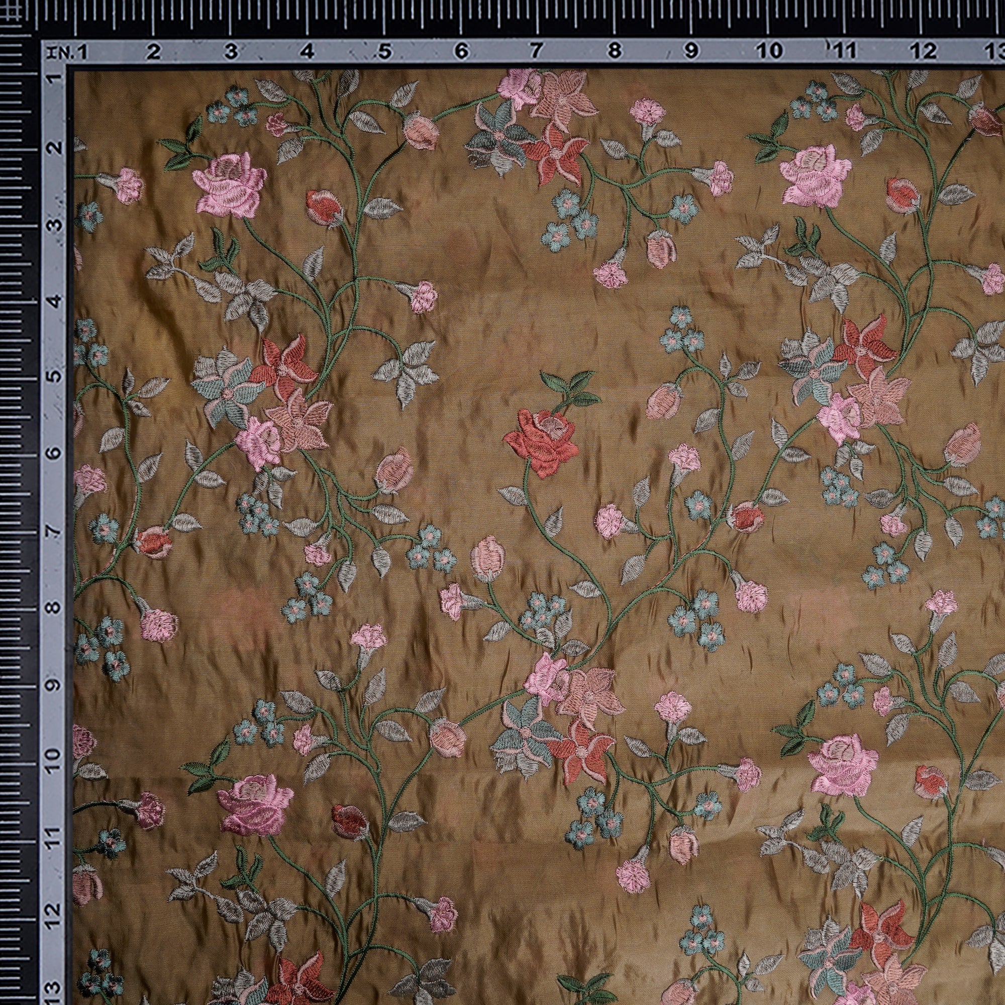 Taos Taupe Brown Floral Pattern Thread Embroidered Plain Silk Fabric