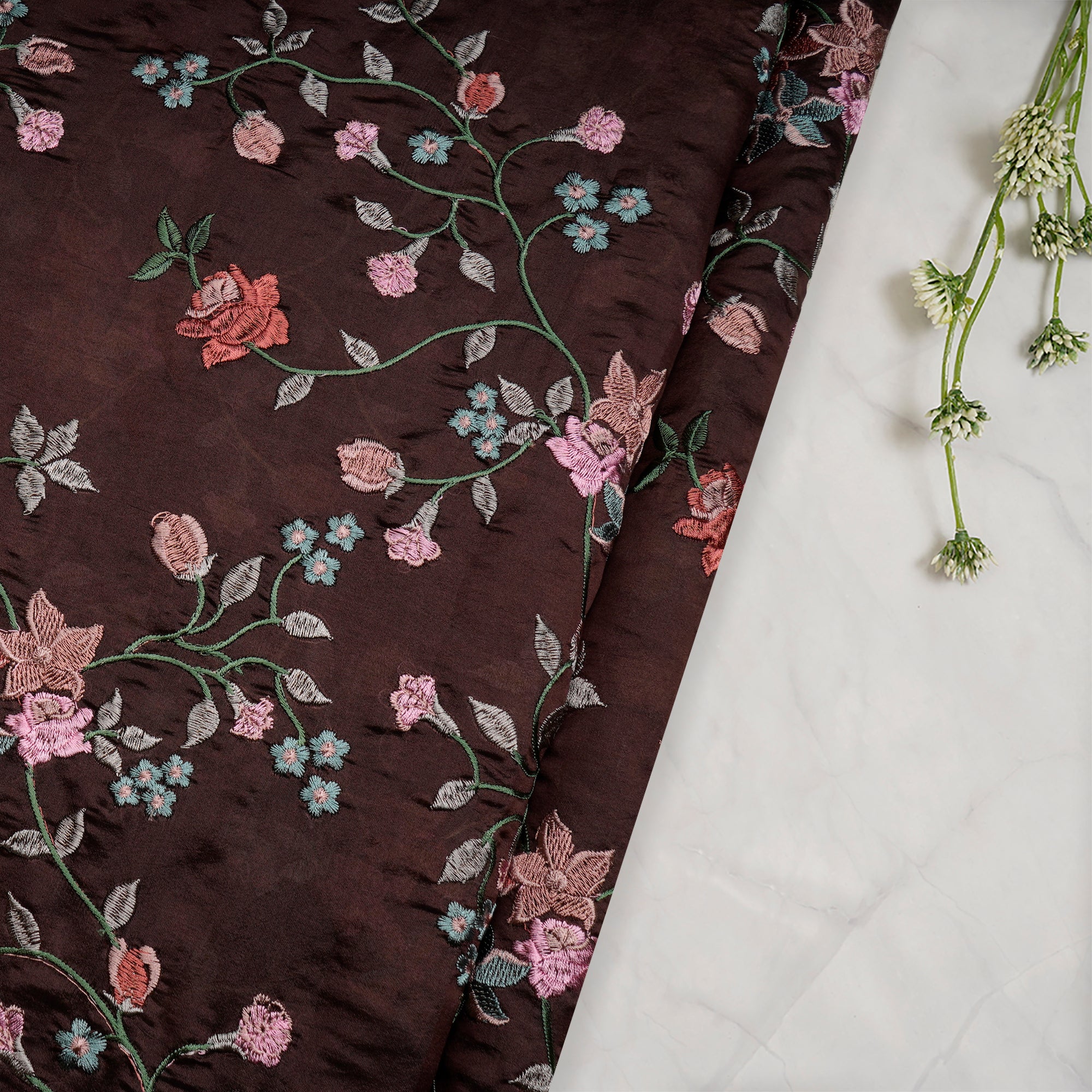 Dark Brown Floral Pattern Thread Embroidered Plain Silk Fabric