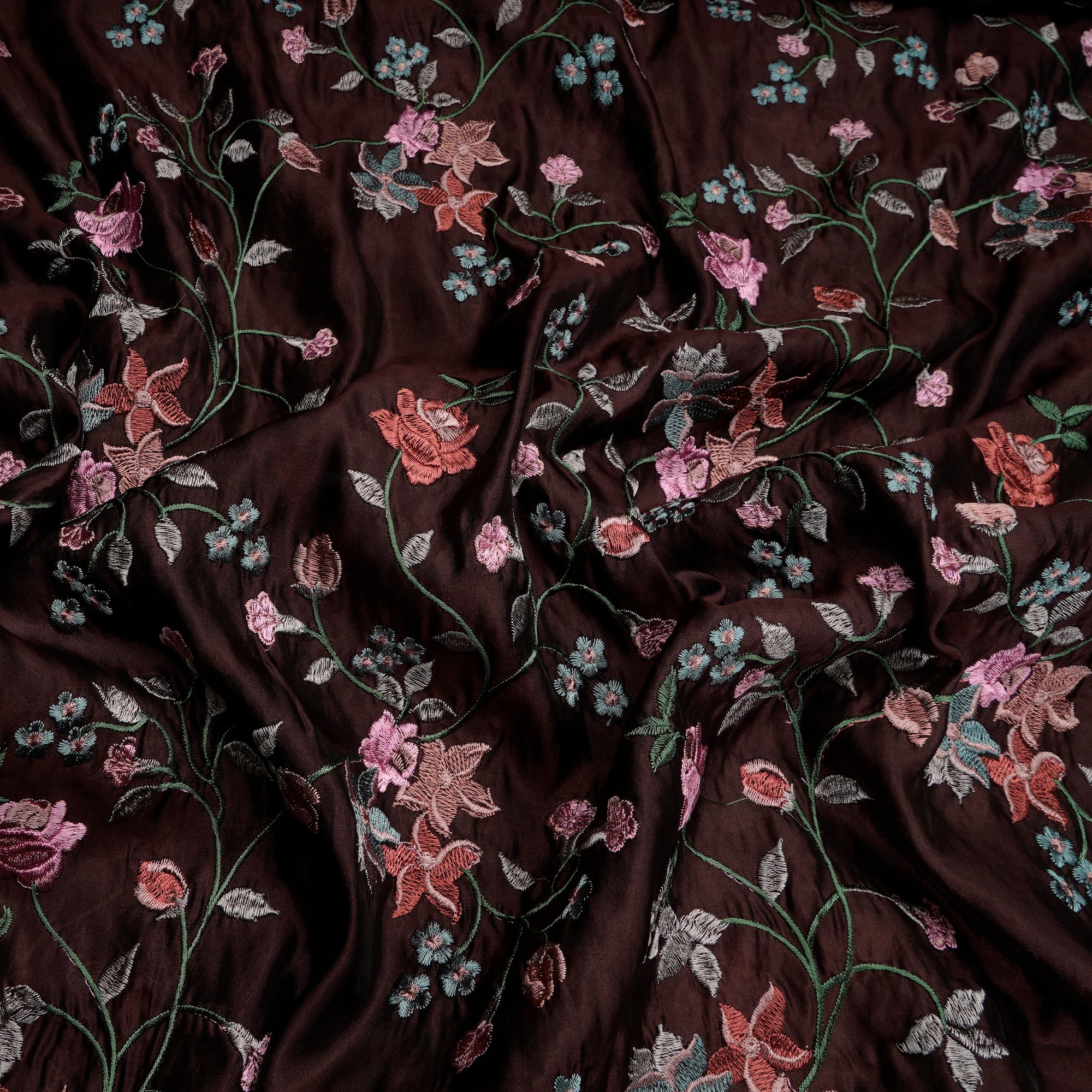 Dark Brown Floral Pattern Thread Embroidered Plain Silk Fabric