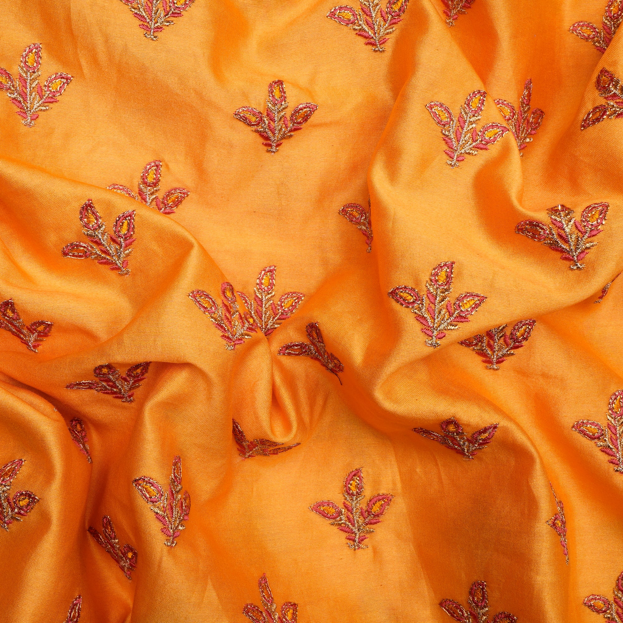 Mustard Booti Patern Thread Zari Embroidered Chanderi Fabric