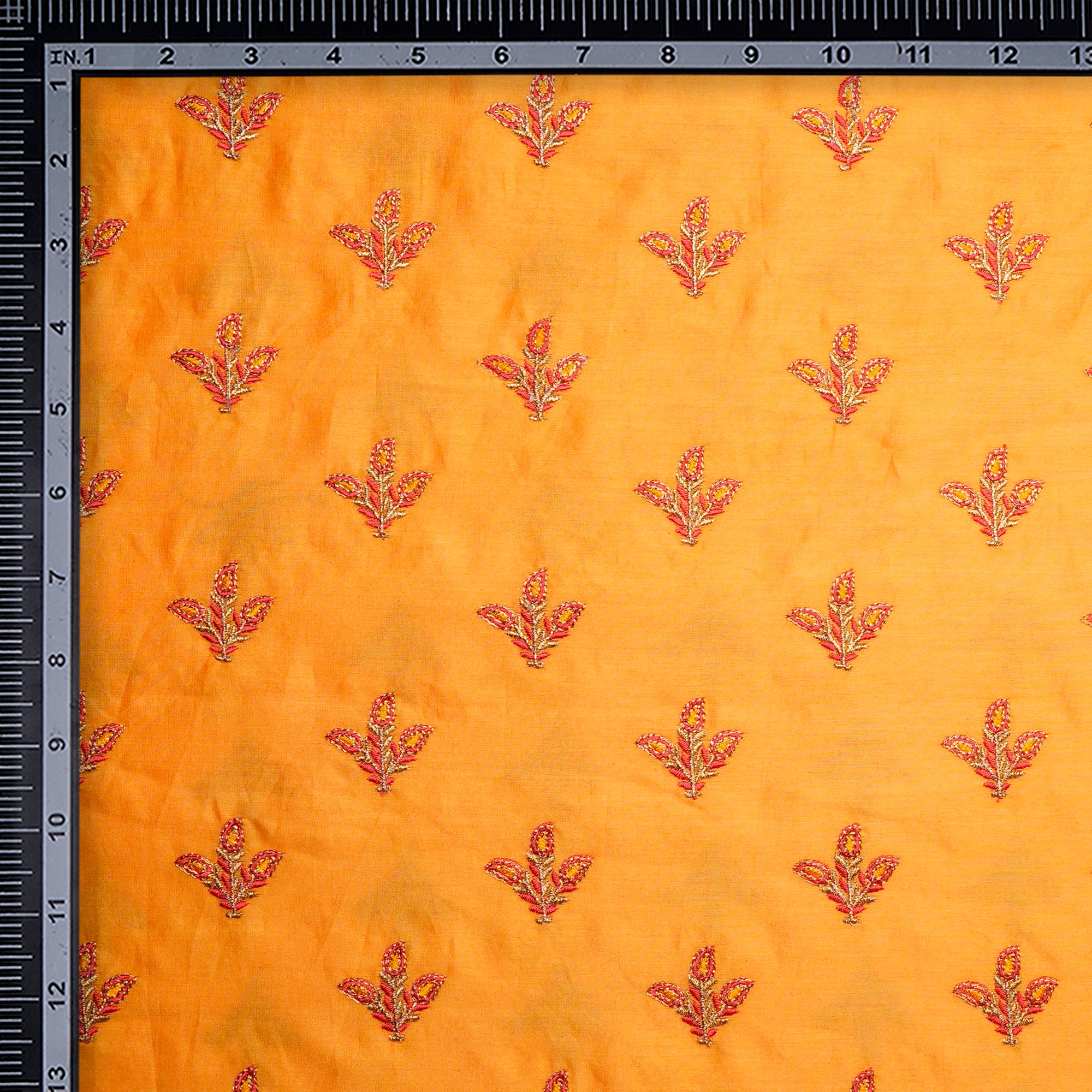 Mustard Booti Patern Thread Zari Embroidered Chanderi Fabric