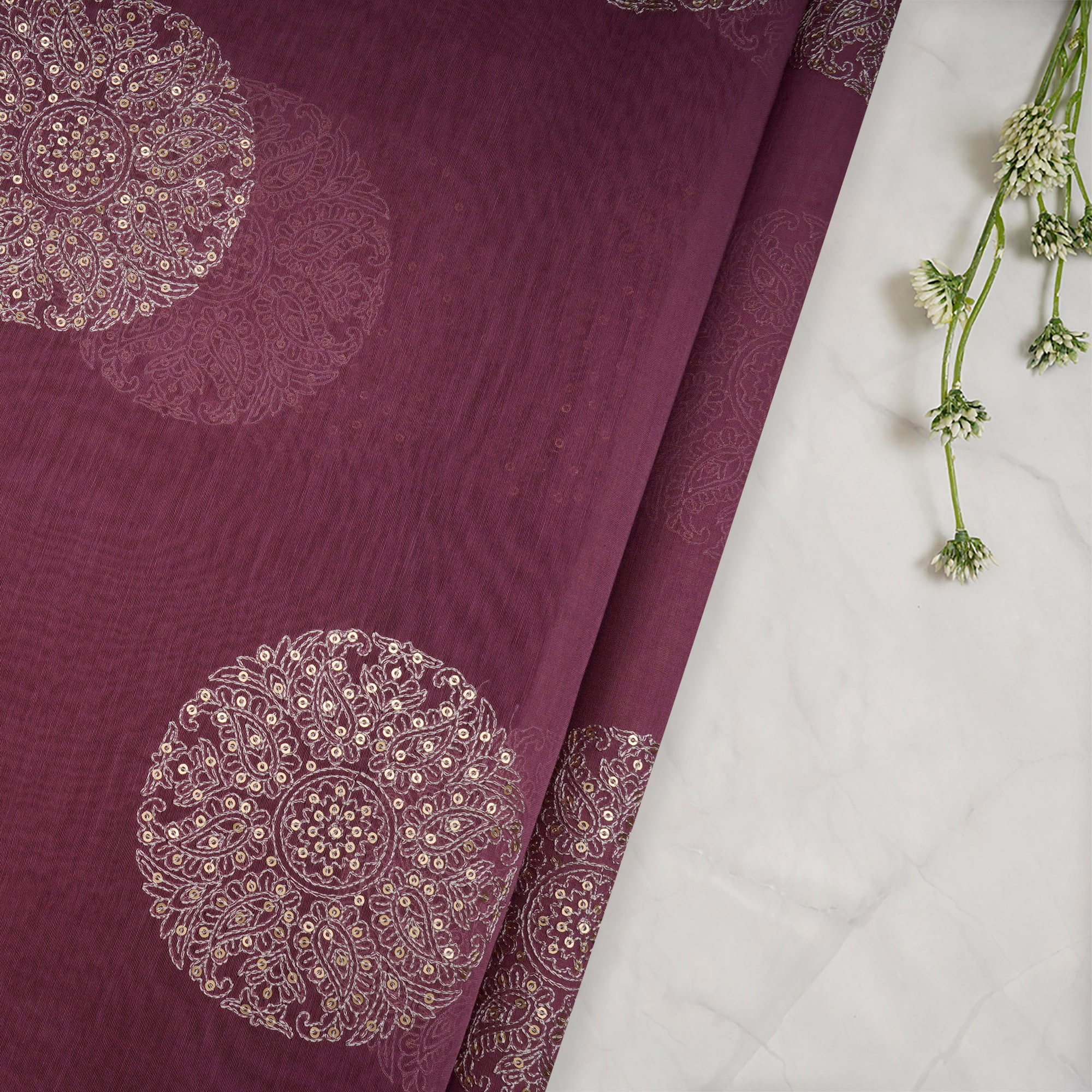 Purple Dyed Motif Pattern Thread & Sequin Embroidered Chanderi Fabric