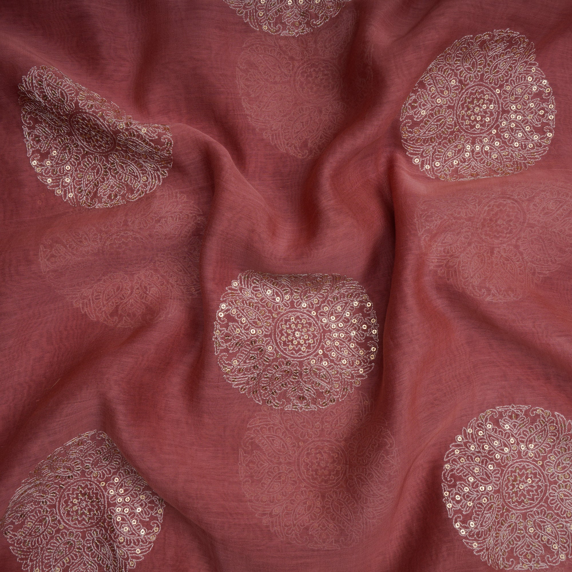 Peach Dyed Motif Pattern Thread & Sequin Embroidered Chanderi Fabric