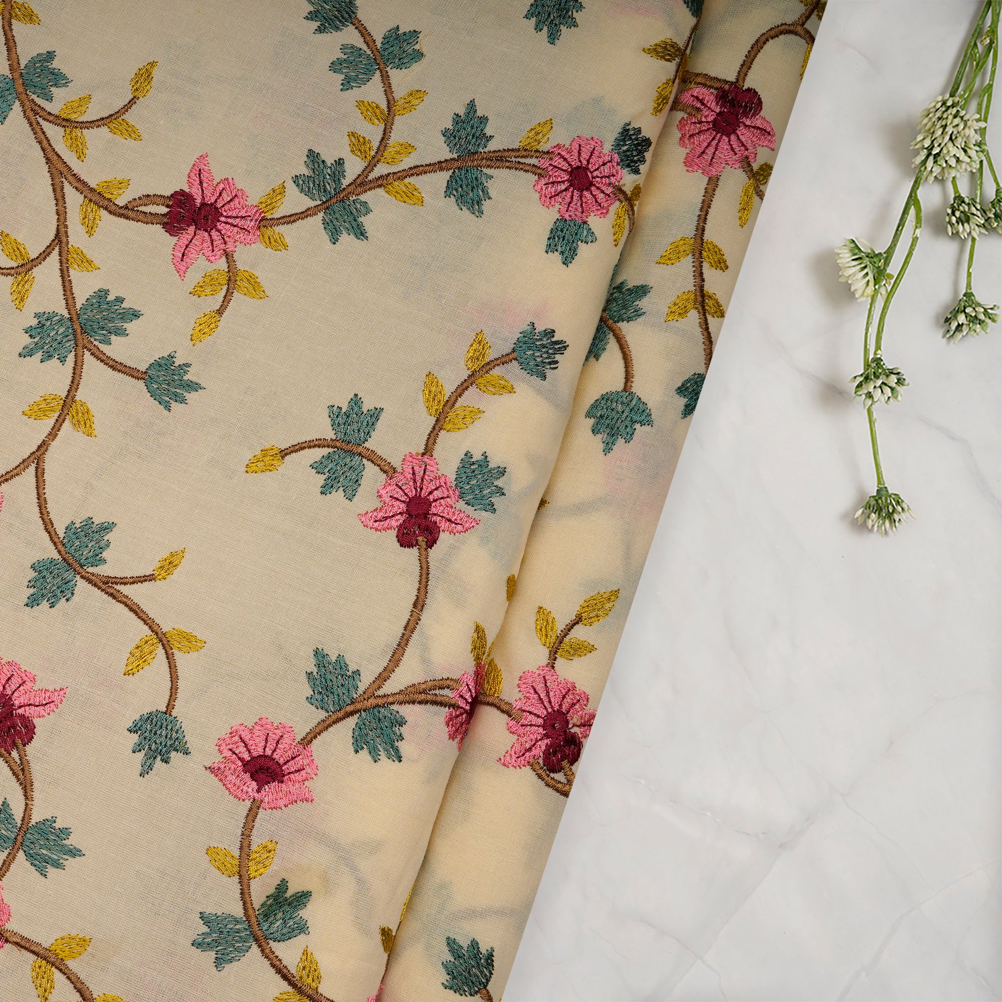 Cream All Over Pattern Thread Embroidered Voile Cotton Fabric