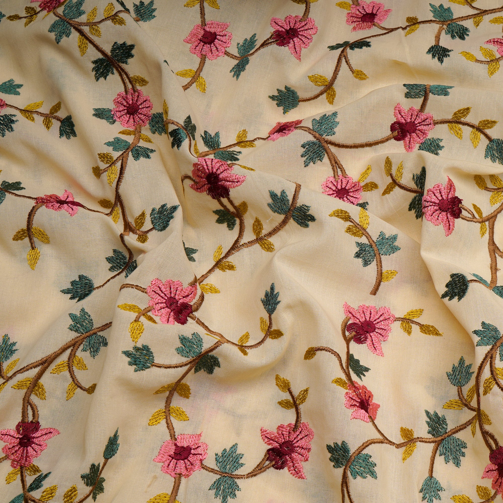 Cream All Over Pattern Thread Embroidered Voile Cotton Fabric