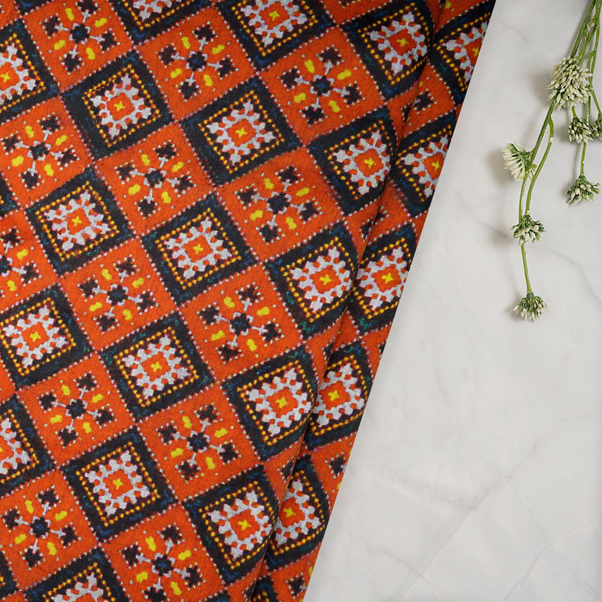 Orange Patola Pattern Digital Print Silk Fabric