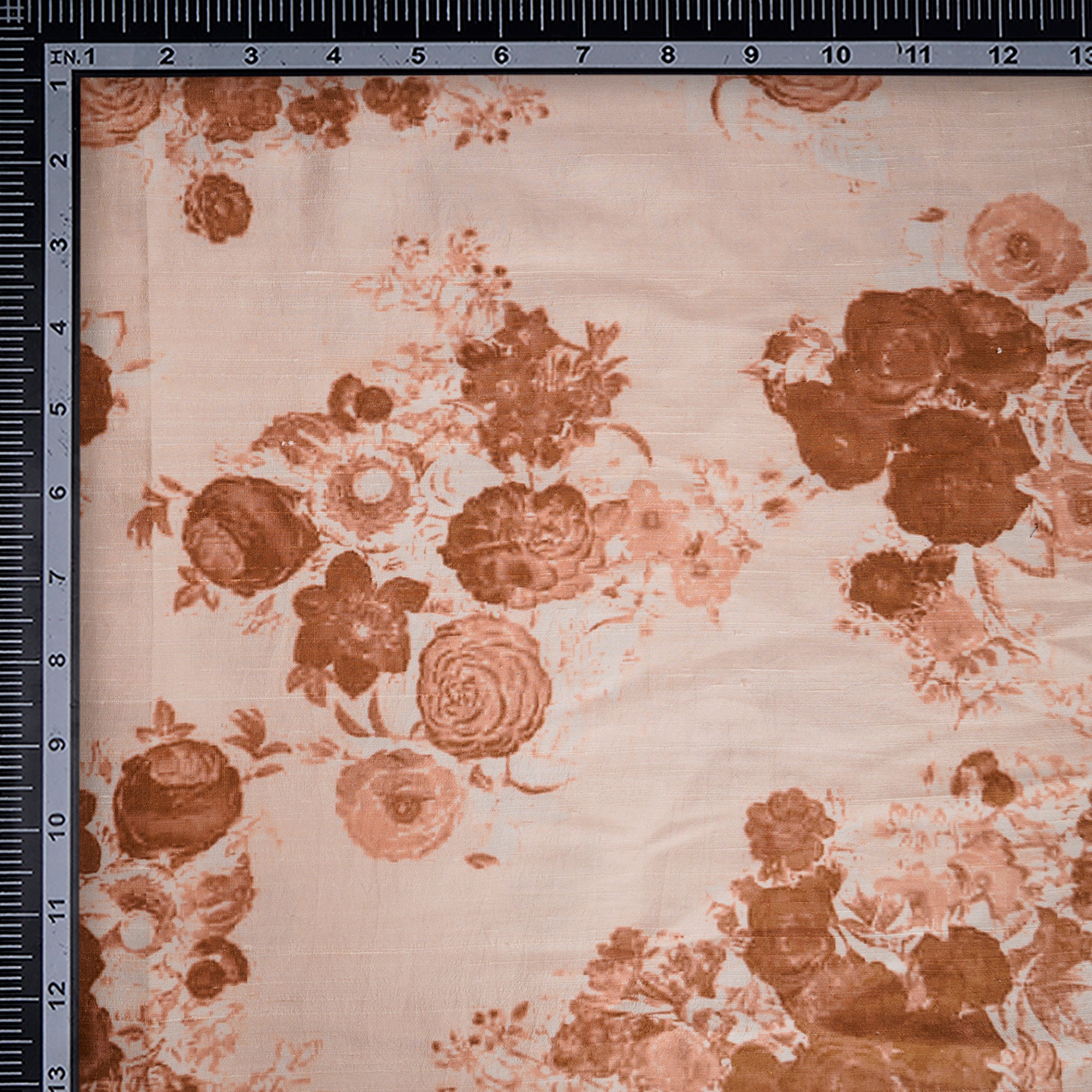 Brown-Peach Puff Color Digital Printed Dupion Silk Fabric