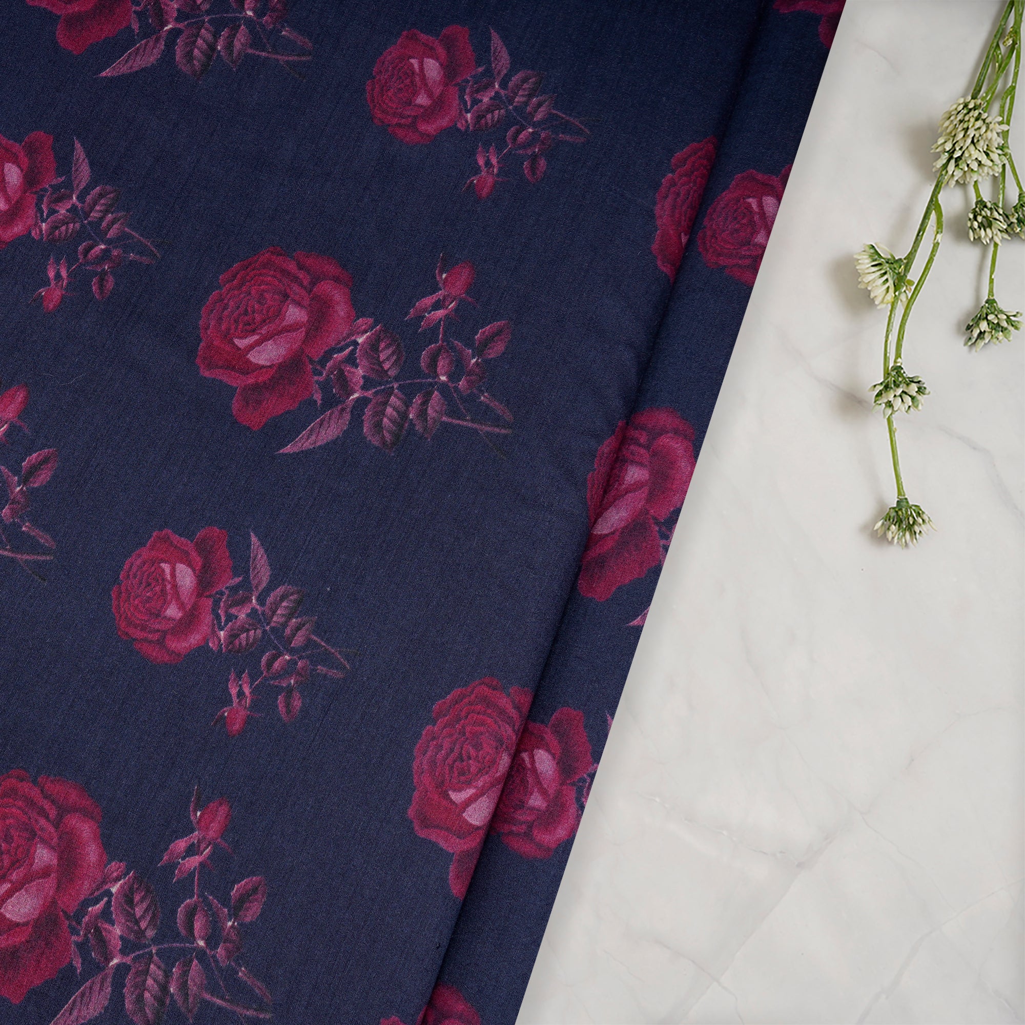 Navy Blue Floral Pattern Digital Print Muga Georgette Fabric