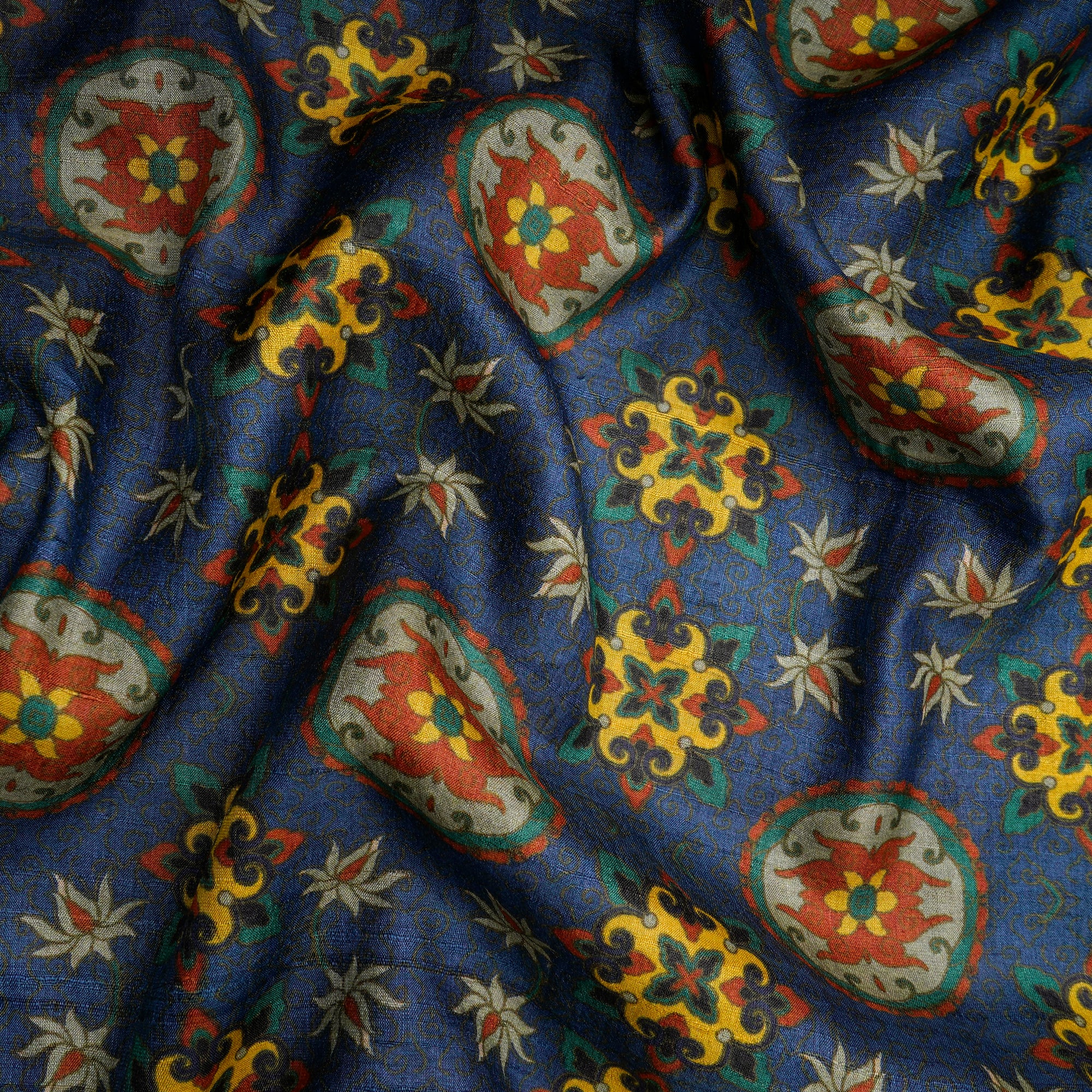 Navy Blue Floral Pattern Digital Print Tusser Silk Fabric