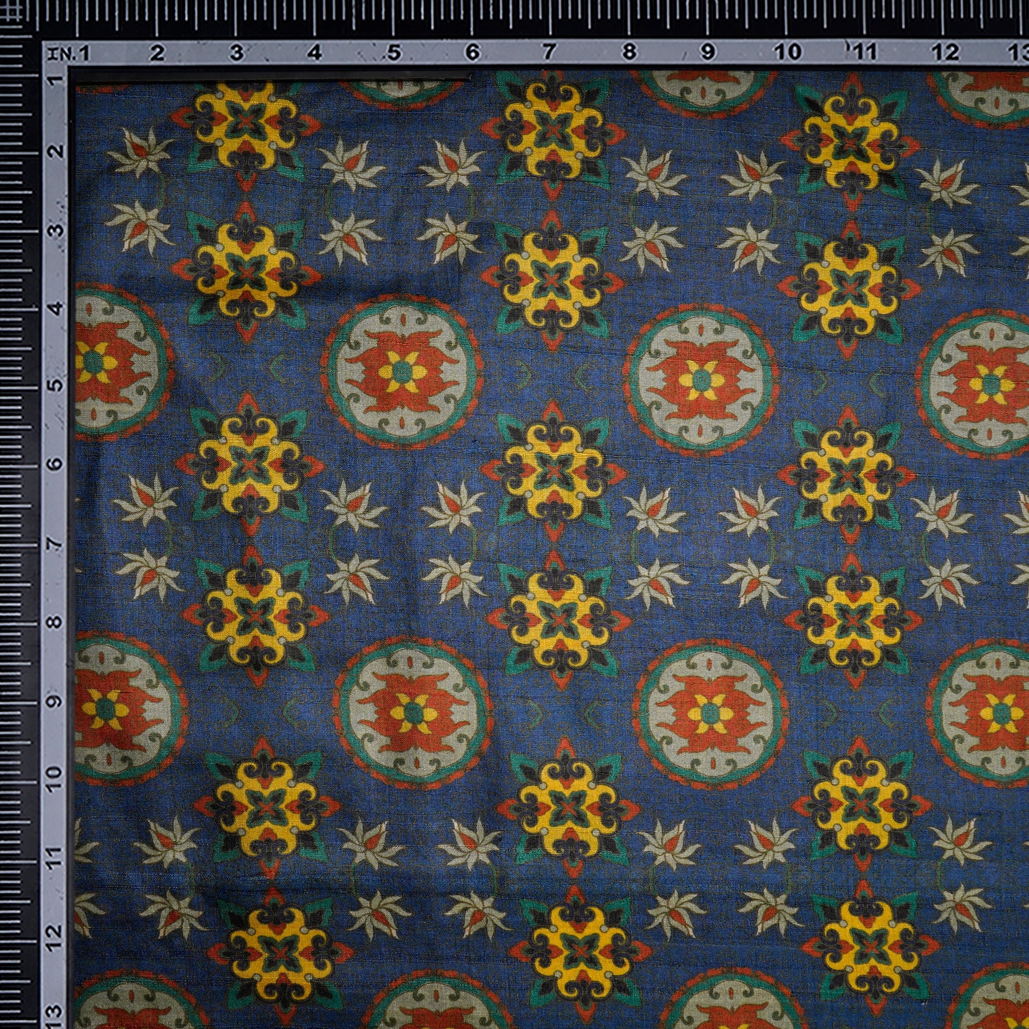 Navy Blue Floral Pattern Digital Print Tusser Silk Fabric