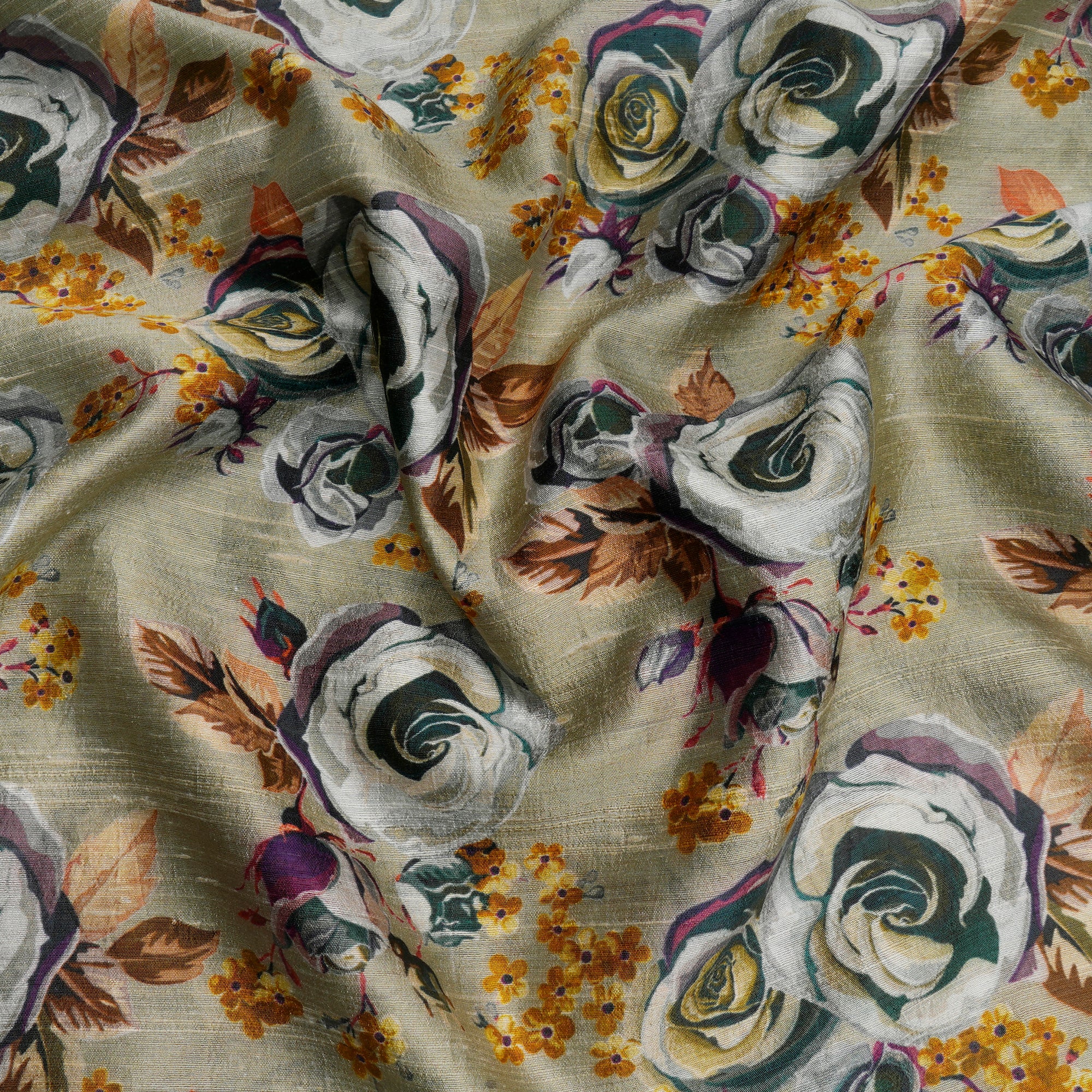 Bog Floral Pattern Digital Print-Raw Silk Fabric