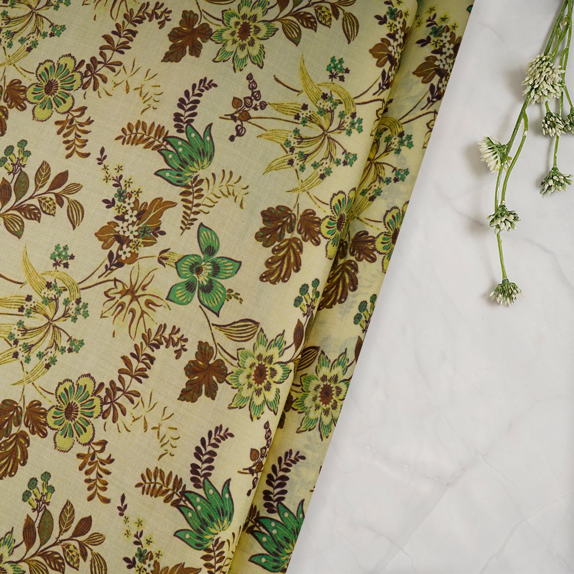 Green Essence Floral Pattern Digital Print Tusser Chanderi Fabric