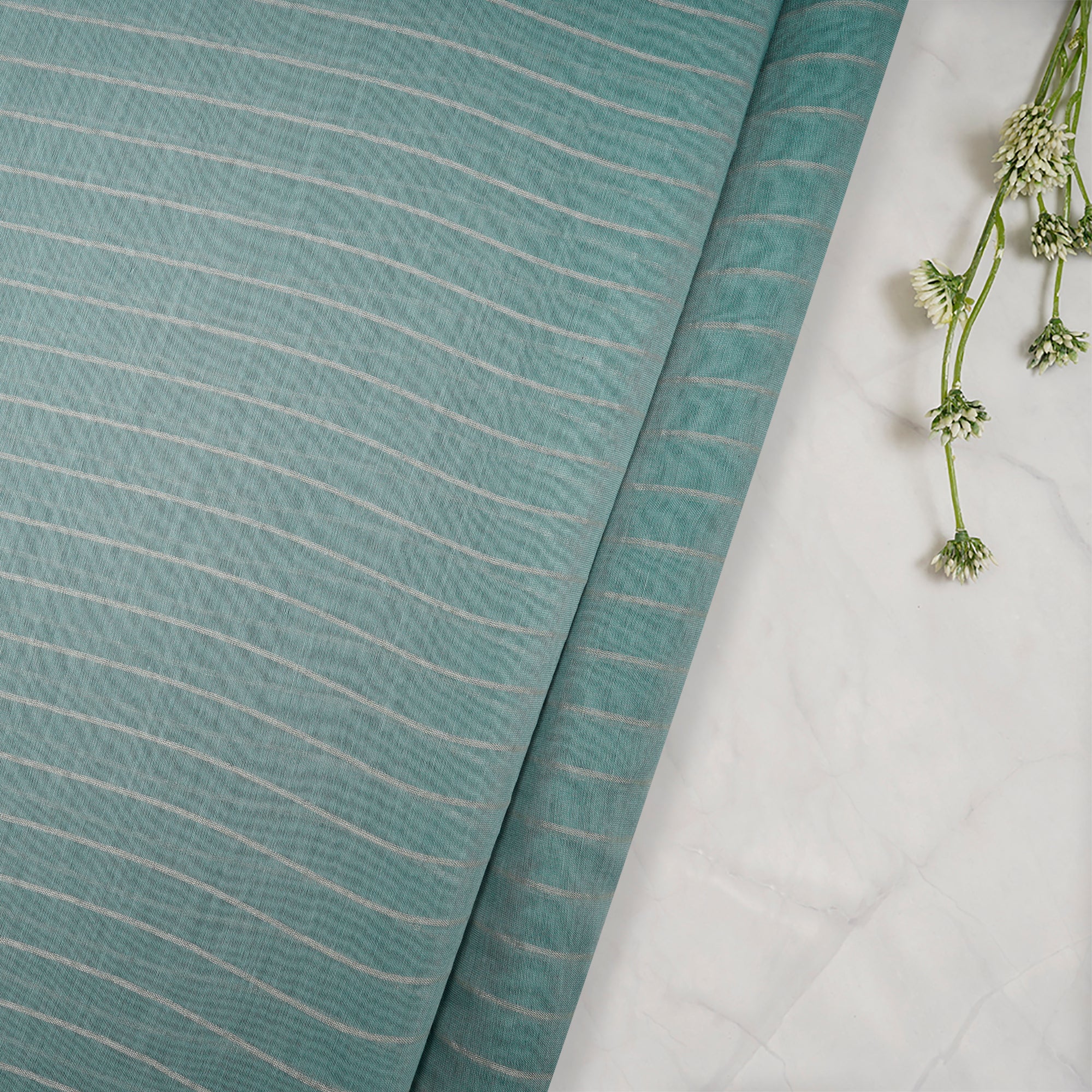 Macaw Blue Green-Silver Stripe Pattern Dyeable Fancy Chanderi Fabric