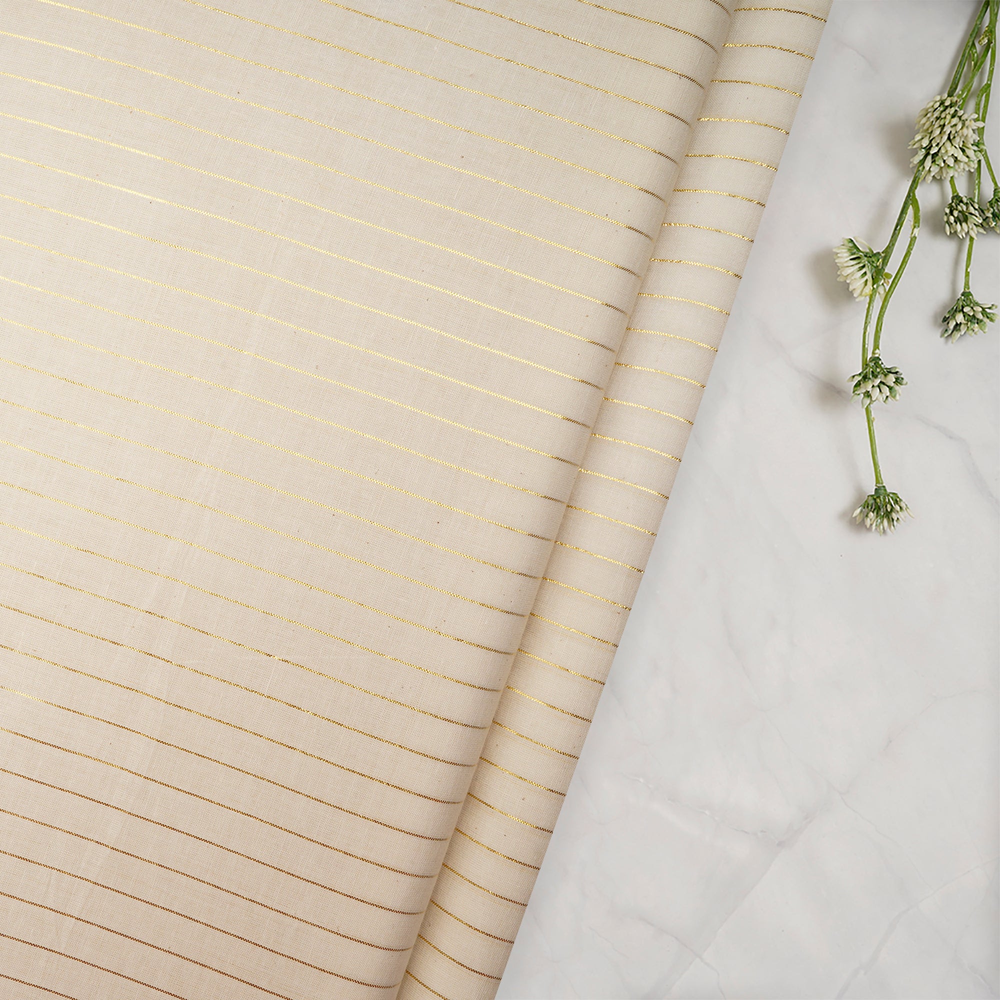 White-Gold Dyeable Plain Cotton Fabric With Lurex Striped Fabric